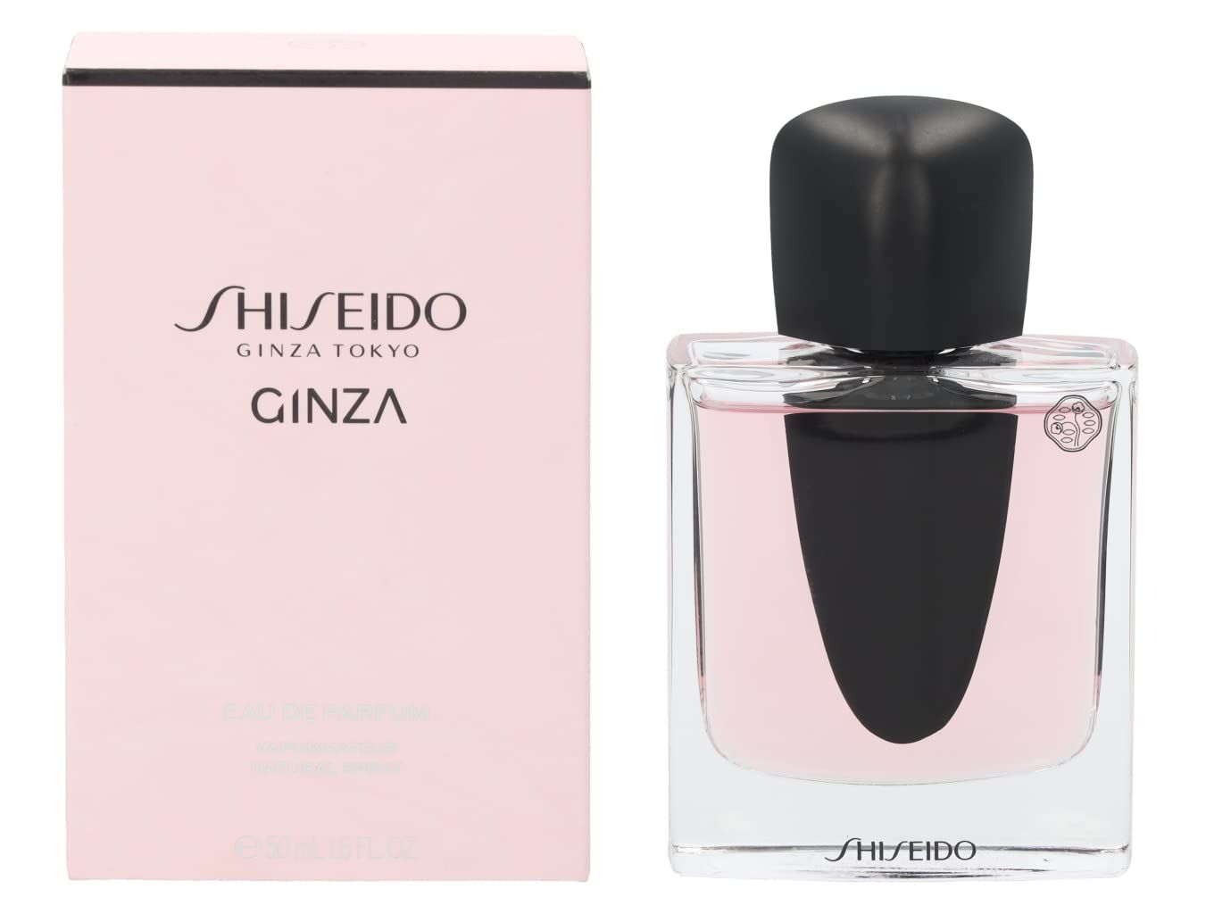 Flacone di profumo e scatola. Flacone con tappo nero, liquido rosa. Scatola con logo.