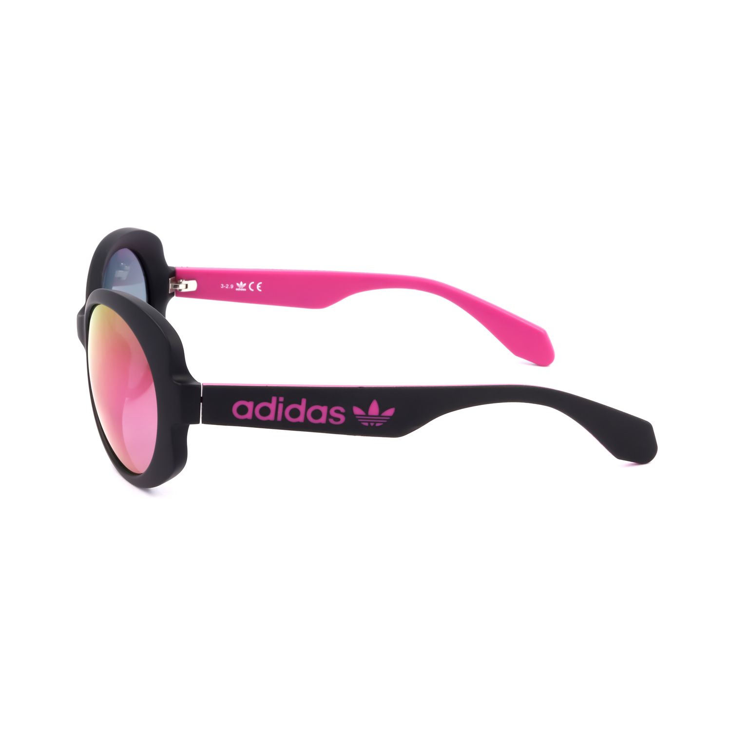 Occhiali da sole neri con aste rosa e lenti a specchio rosa. Logo Adidas sull'asta.