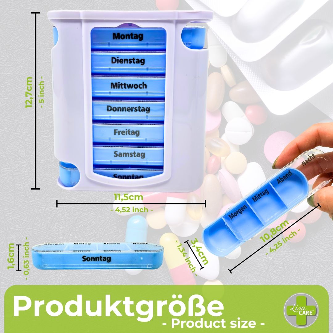 Contenitore per pillole bianco-blu con 7 scomparti per i giorni della settimana. Contenitore blu singolo con mattina, mezzogiorno, sera. Dimensioni.