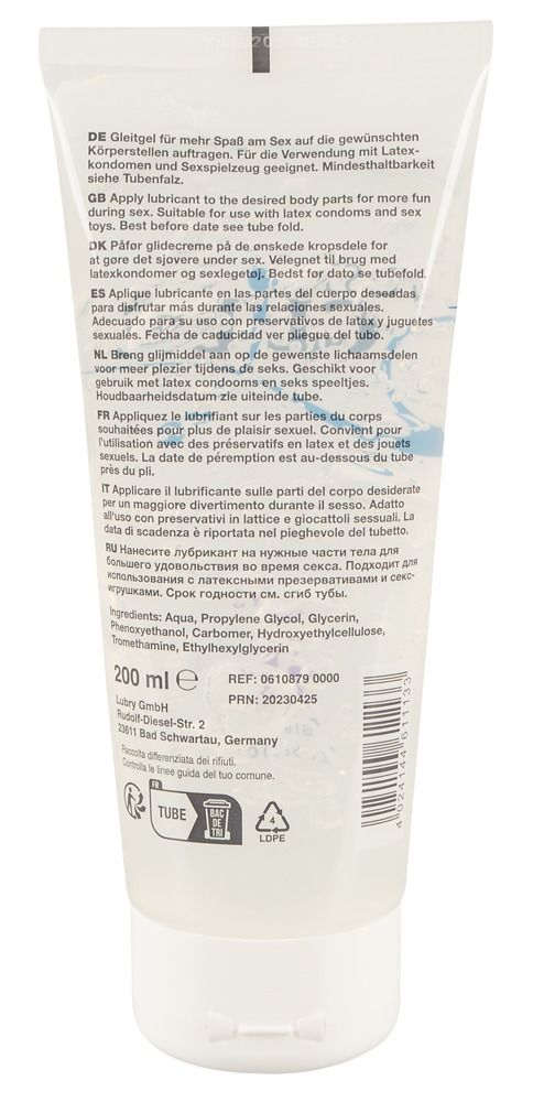 Retro di un tubo di lubrificante Just Glide con marchio CE e indicazione 200 ml.