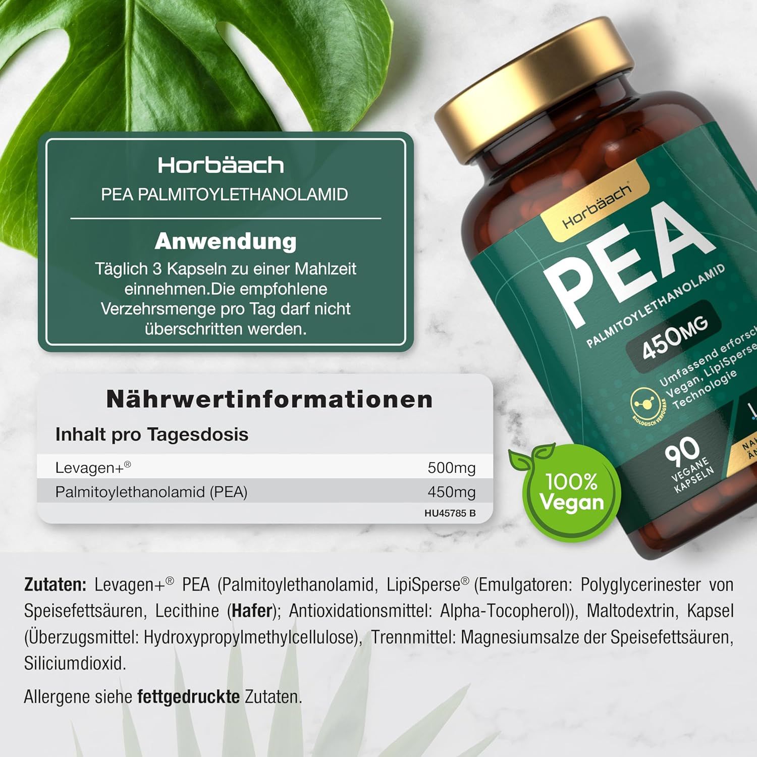 Flacone marrone, etichetta verde. PEA 450mg, 90 capsule vegane. Informazioni nutrizionali. Marchio Horbaach. 100% Vegan.
