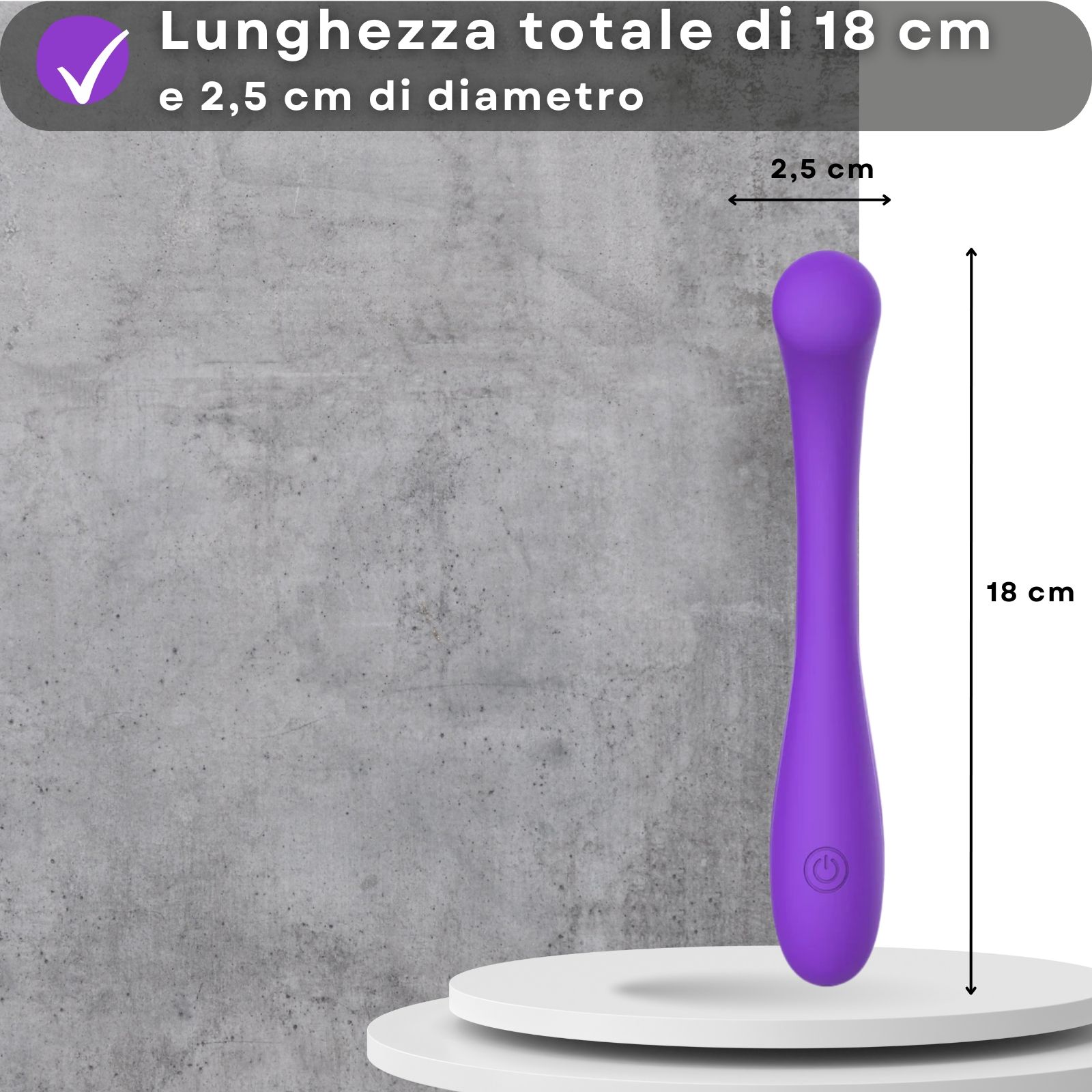 Vibratore viola. Testo: 18 cm di lunghezza, 2,5 cm di diametro. Su piedistallo.