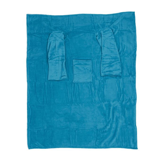 Coperta turchese con maniche e tasche. Forma rettangolare. Materiale morbido. Vista dettagliata.