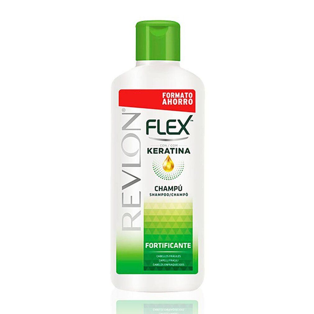Flacone di shampoo bianco con tappo verde. Scritta: Revlon Flex Keratina Champú Fortificante. Area rossa con "Formato Ahorro".
