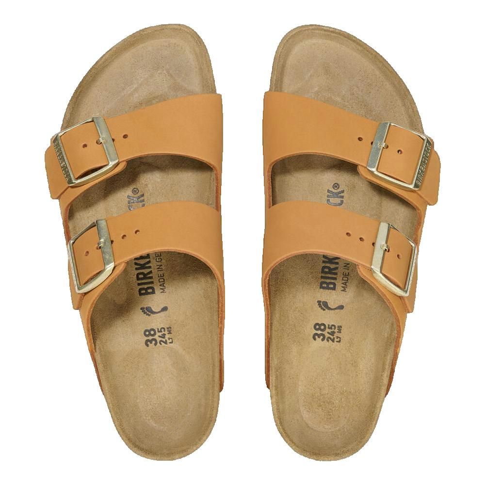 Sandali Birkenstock Arizona, vista dall'alto. Pelle senape, due fibbie, plantare in sughero, taglia.