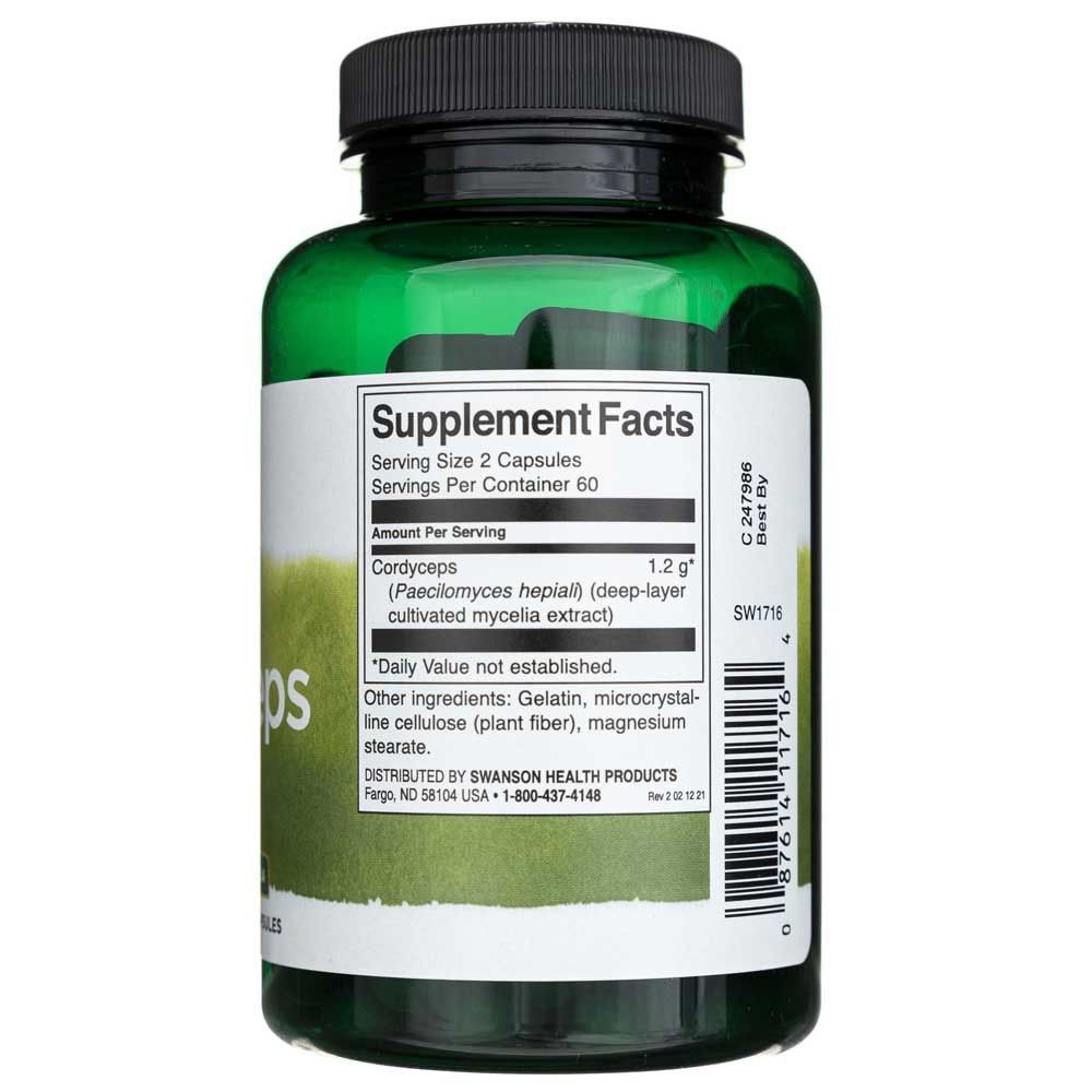 Retro di un flacone verde con Supplement Facts e ingredienti SWANSON Cordyceps.