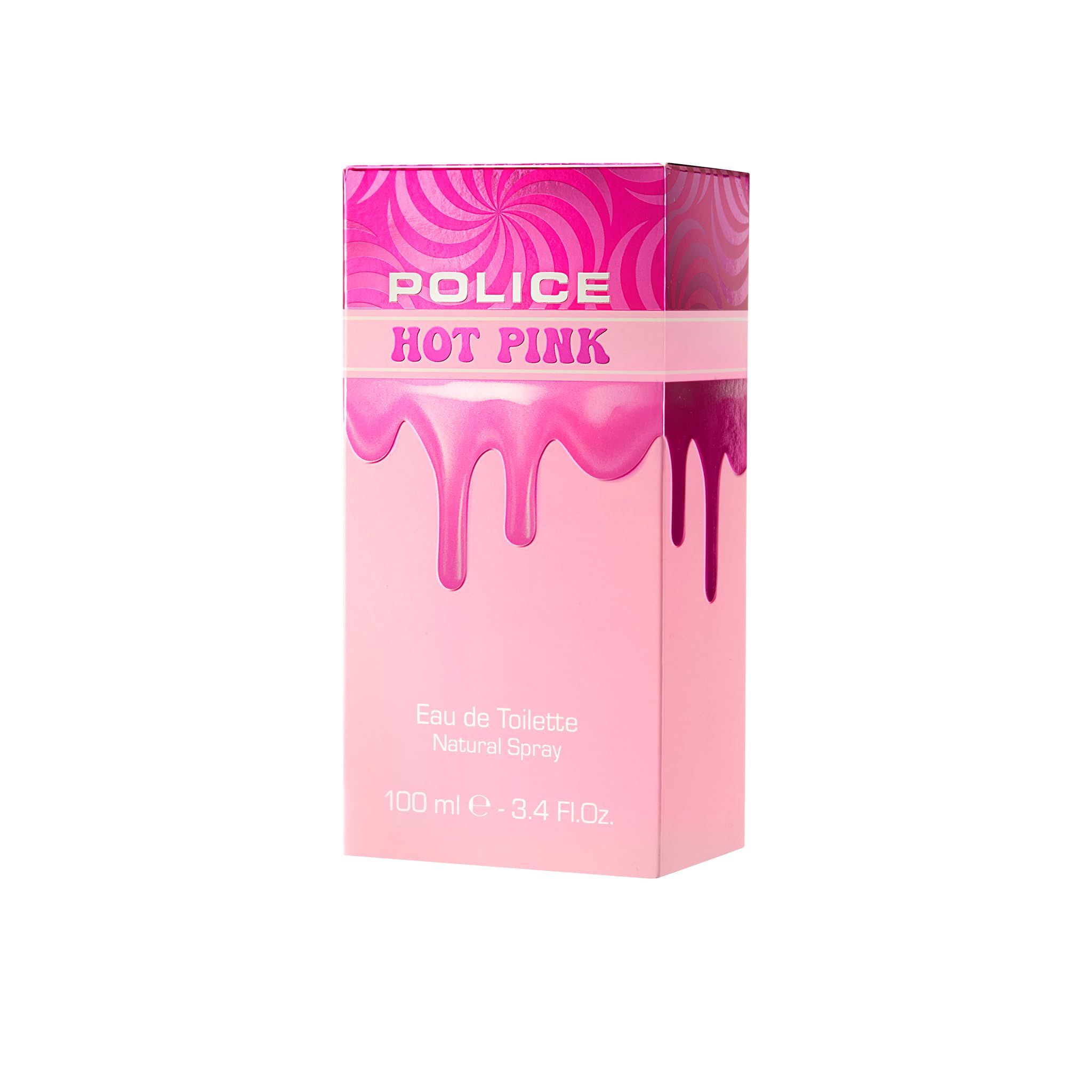 Scatola rettangolare rosa con testo rosa e design a goccia. Testo: Eau de Toilette.