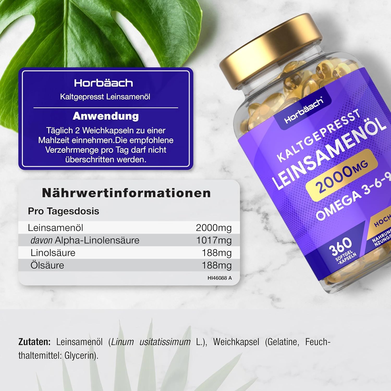 Flacone di capsule. Scritto: Olio di semi di lino spremuto a freddo 2000mg Omega 3-6-9. 360 capsule molli. Testo con informazioni nutrizionali.