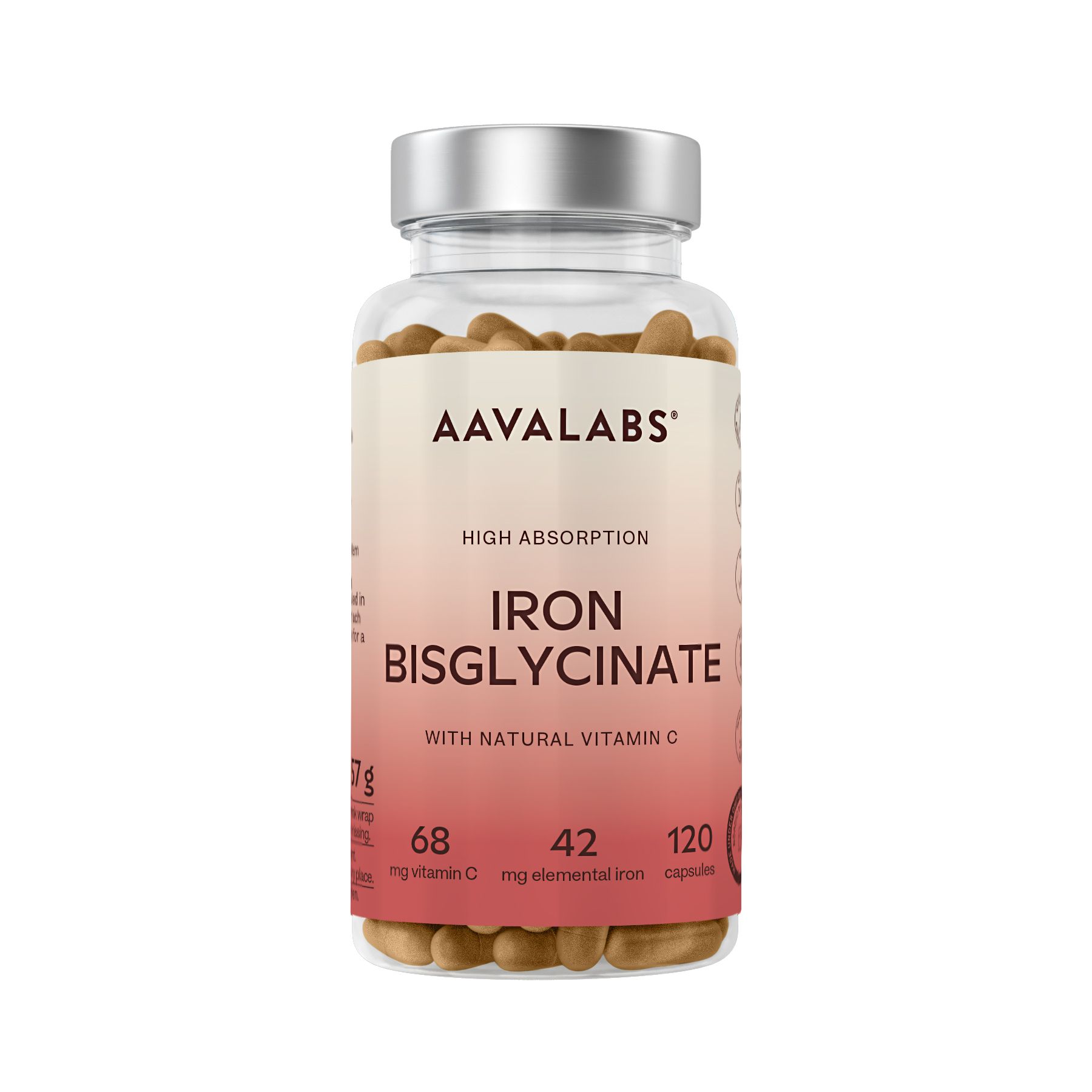 Aavalabs Iron Bisglycinate, capsule. Scritta: Iron Bisglycinate, 42 mg ferro, 120 capsule.