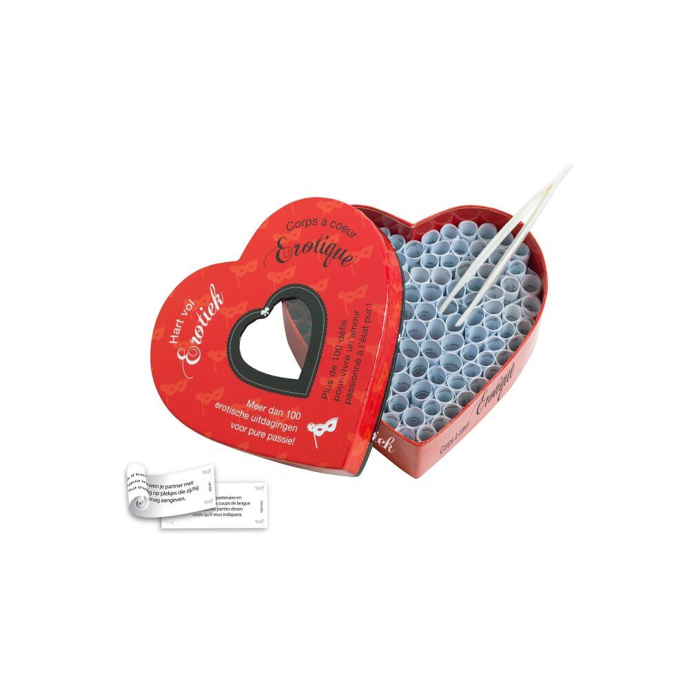 Scatola erotica a forma di cuore con oltre 100 rotolini e pinzetta. Contiene suggerimenti erotici.