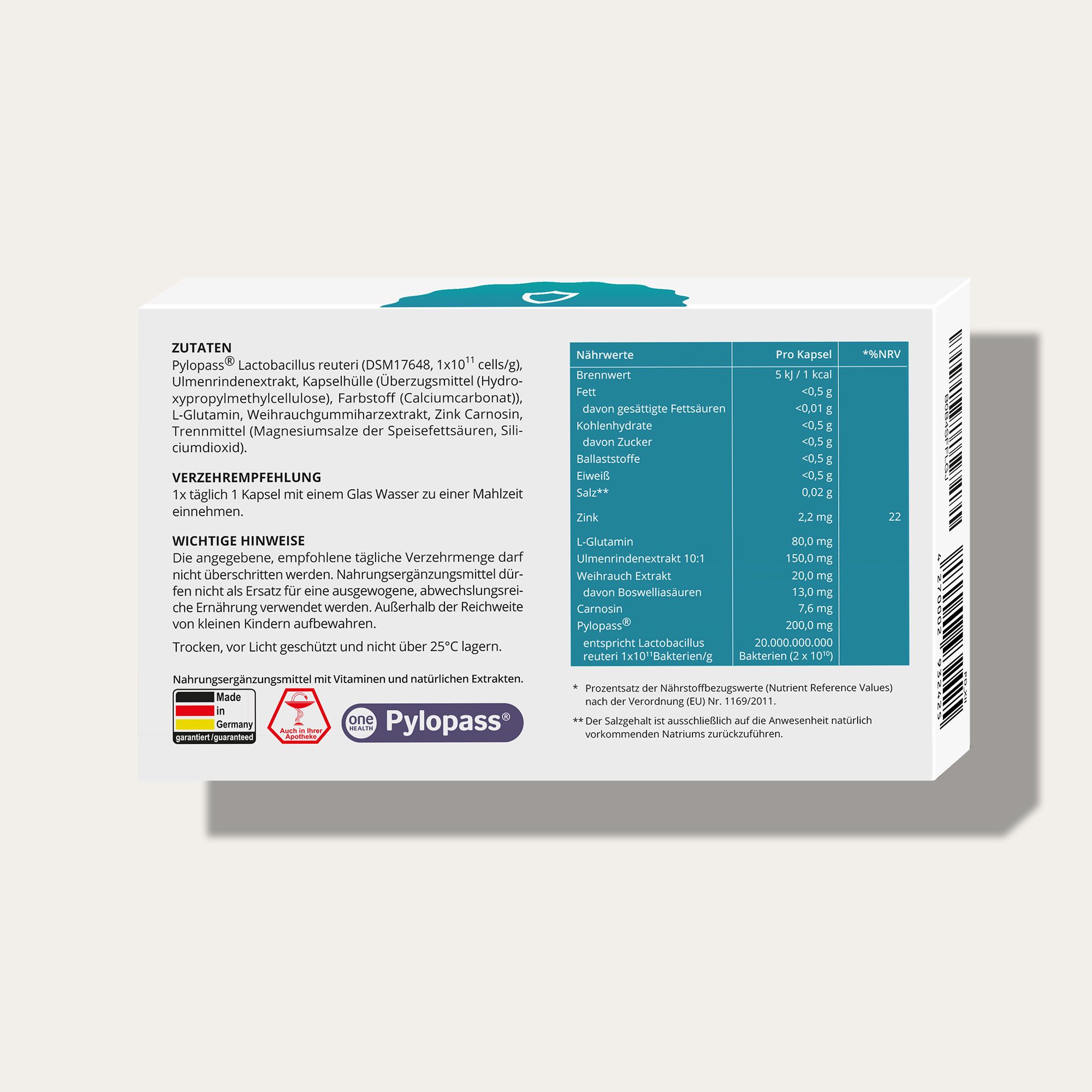 Confezione bianca del prodotto con testo e tabella nutrizionale. Contiene l'elenco degli ingredienti, le raccomandazioni per l'uso e informazioni importanti.