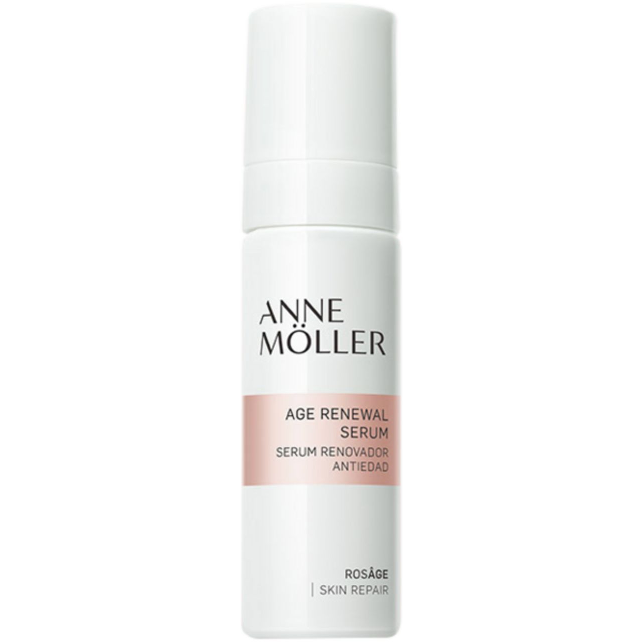 Flacone di siero bianco con dosatore. Scritta: Anne Möller, Age Renewal Serum, Rosâge Skin Repair.