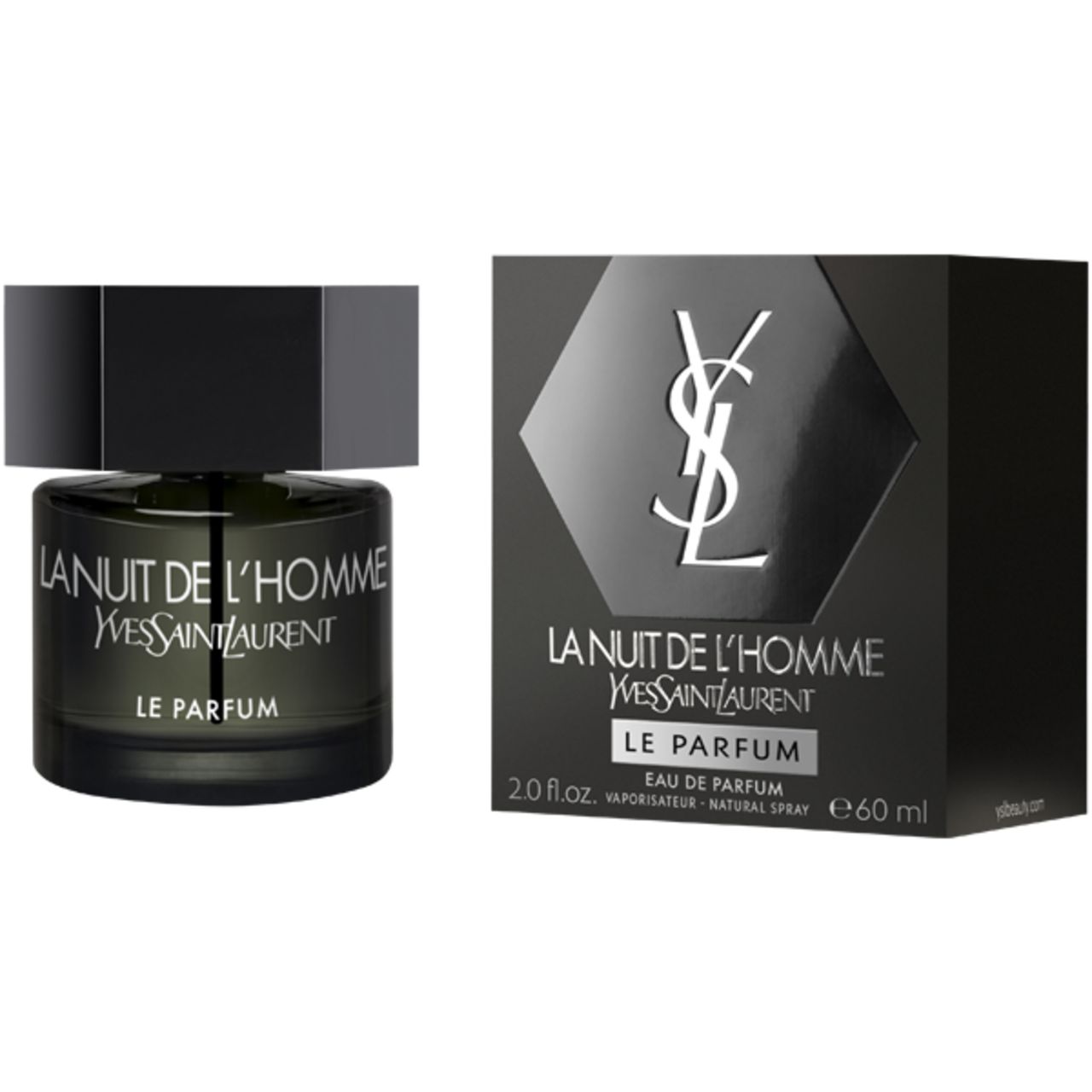 Flacone e confezione neri. Scritta: La Nuit de L'Homme, Yves Saint Laurent, Le Parfum. 60 ml.
