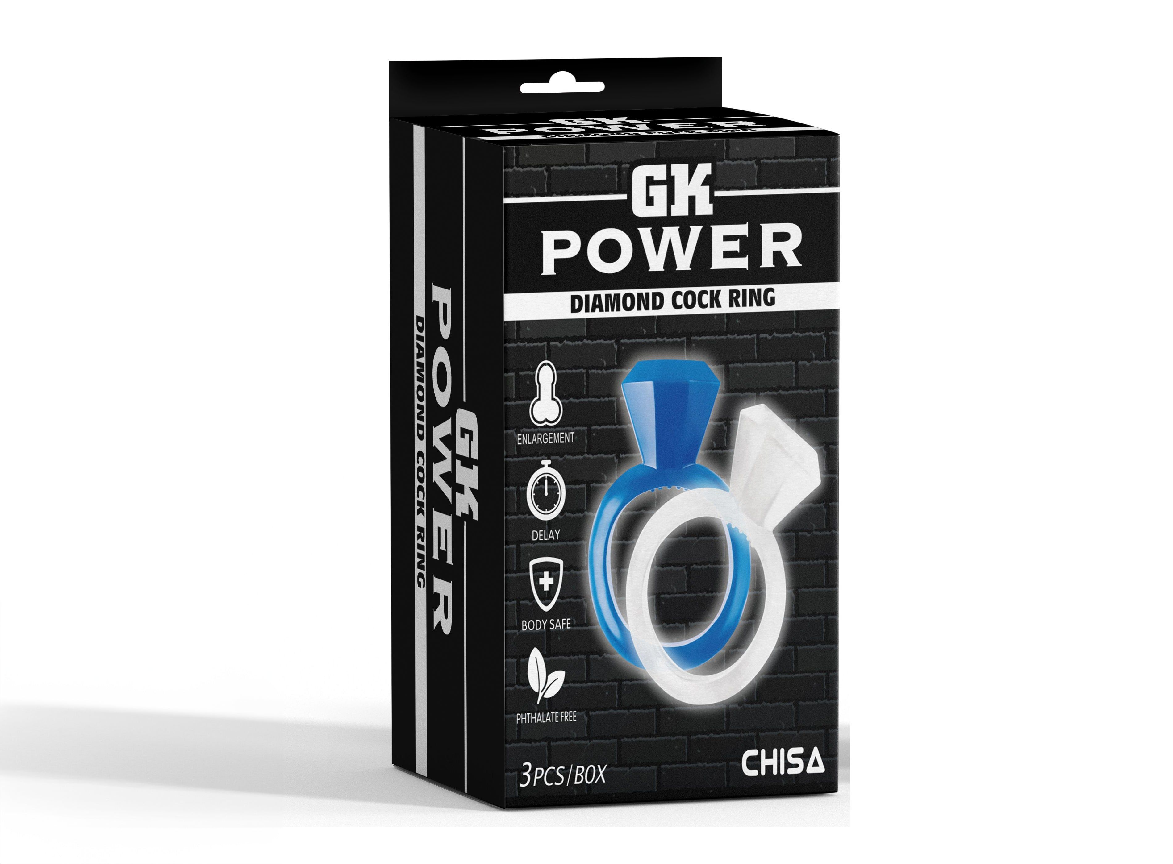 Confezione con immagine del prodotto. Scatola nera con nome del prodotto e loghi. 3 pezzi/scatola.