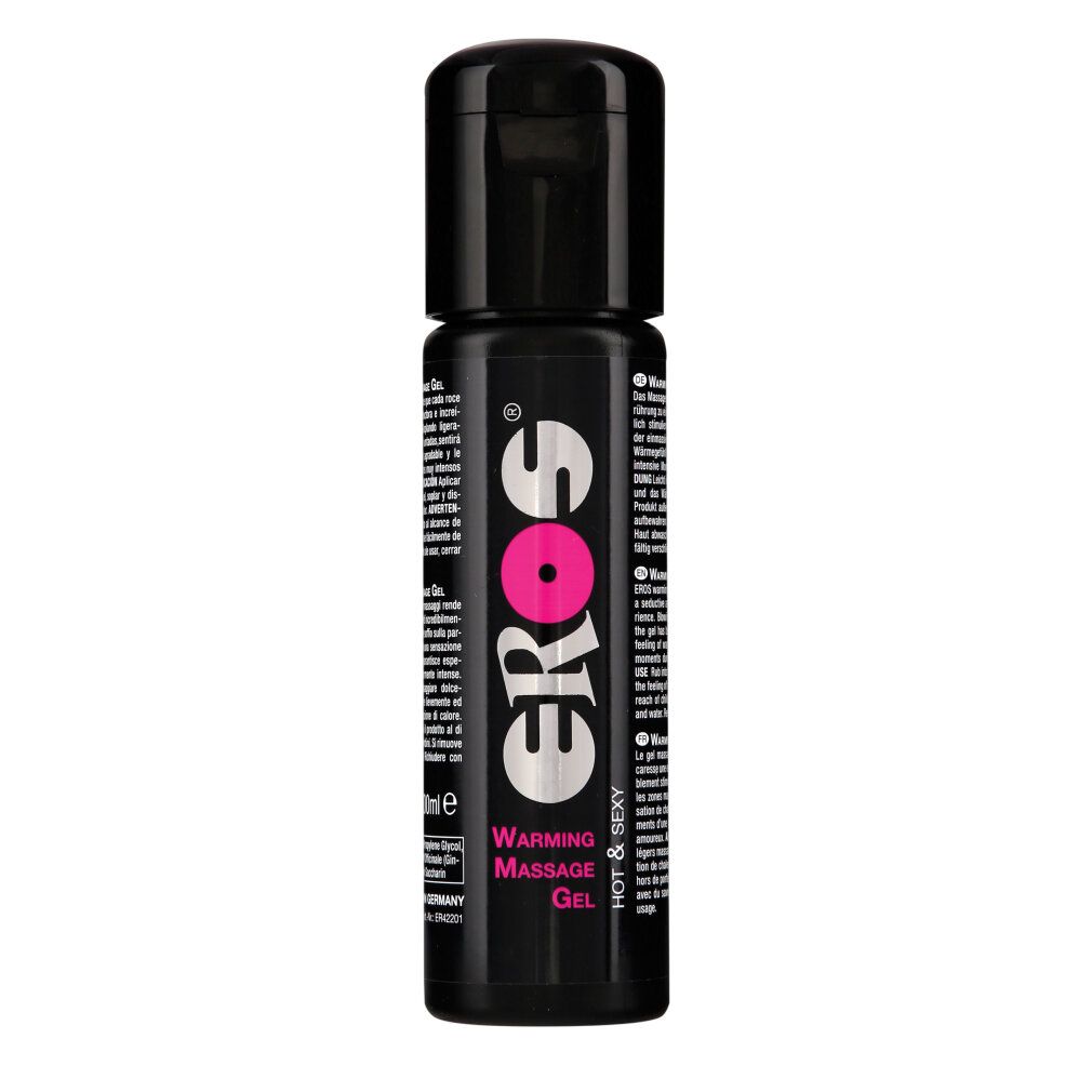 Flacone nero con logo "EROS" e testo. Visibili "Warming Massage Gel" e "Hot & Sexy". Etichetta prodotto con testo.