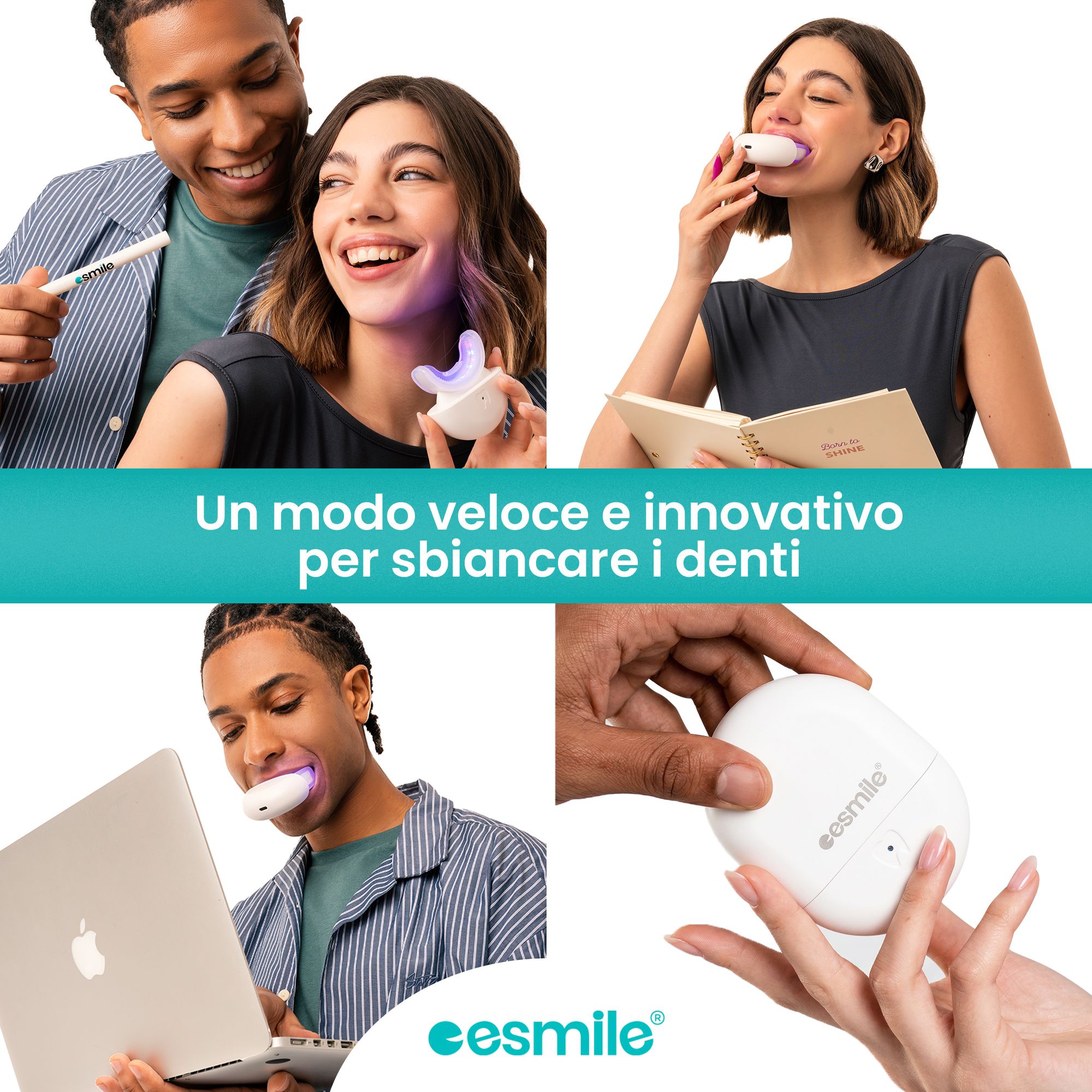Diverse persone usano il kit sbiancante. Scene diverse. Testo: Un modo rapido e innovativo per sbiancare.