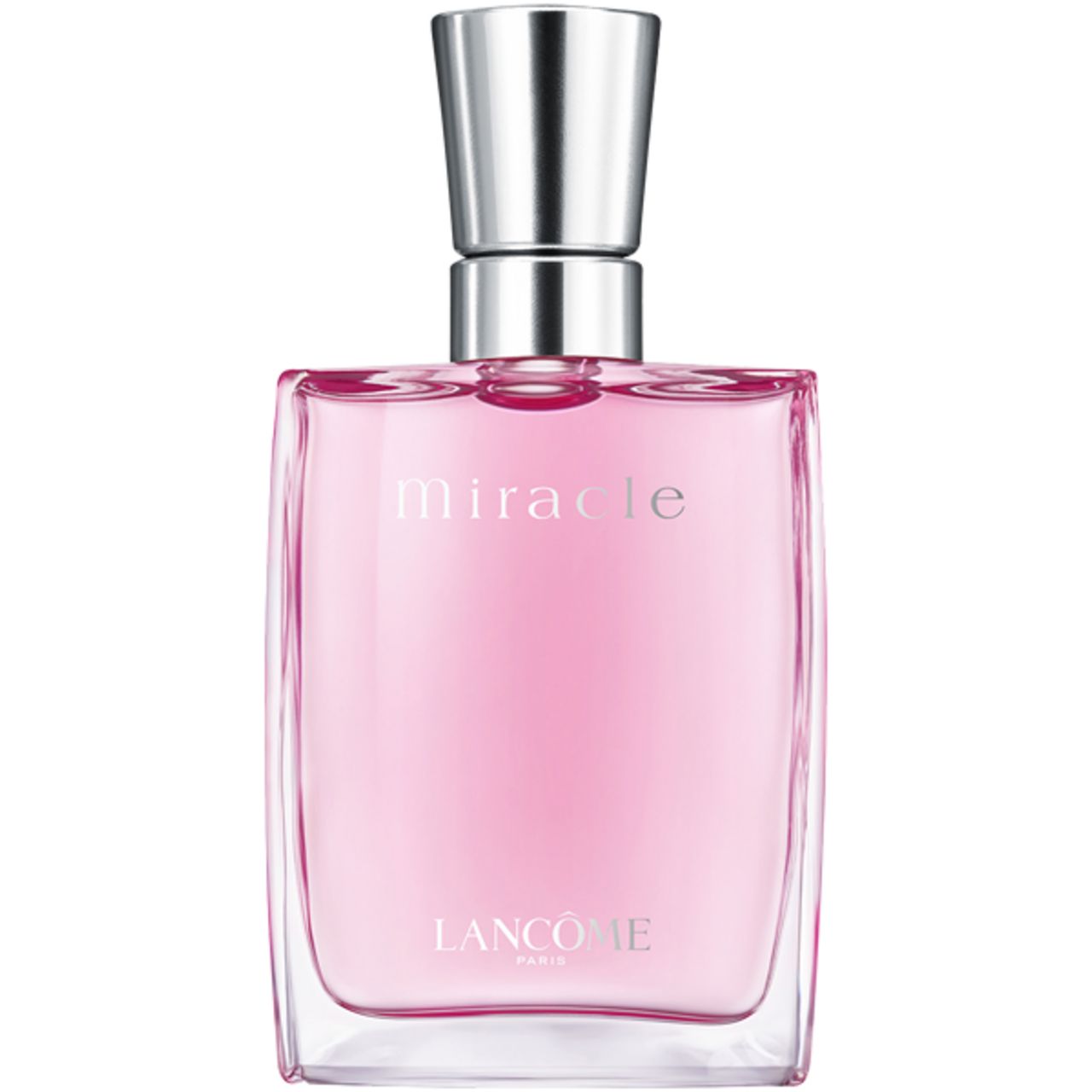 Flacone LANCÔME Miracle, liquido rosa, tappo argento. Scritta: Miracle, LANCÔME.