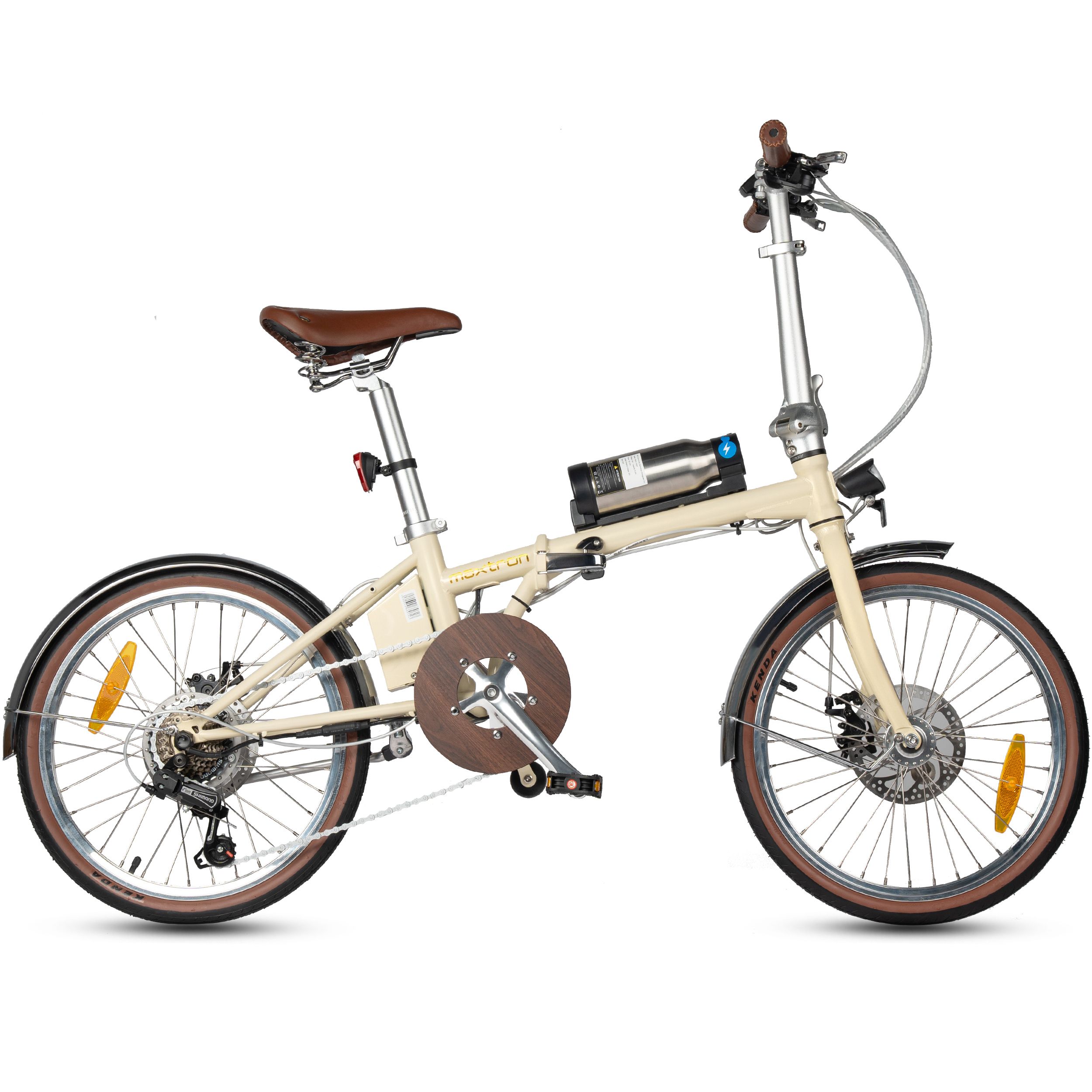 E-bike beige con pneumatici e sella marroni. Visibili: motore, batteria, parafanghi, freni. Scritta: Maxtron.