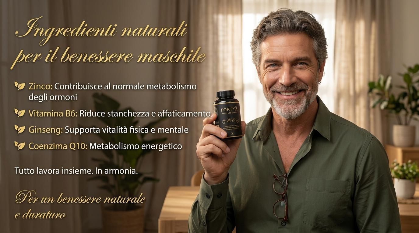 Un uomo tiene in mano un flacone. Scritta: FORTY X LIFE. Testo sugli ingredienti e i benefici.