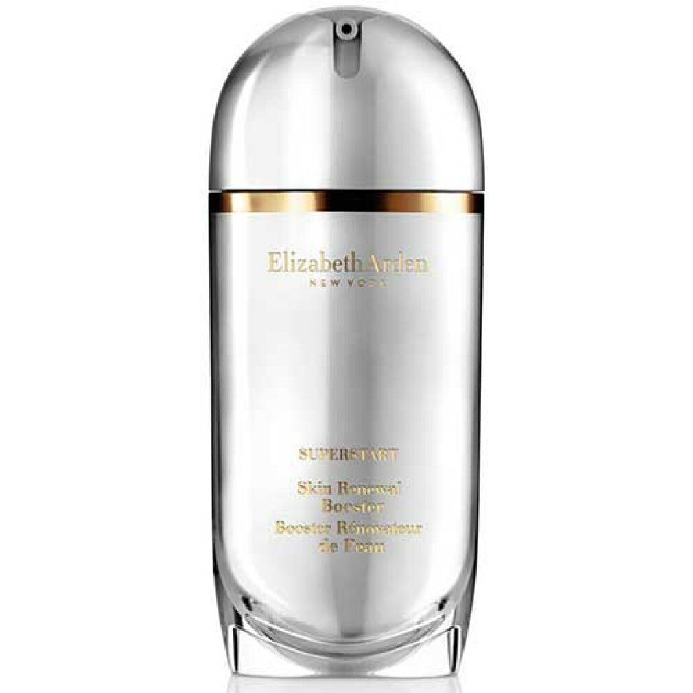 Flacone argento con dettagli dorati. Scritta: Elizabeth Arden, Superstart, Skin Renewal Booster, Booster Réformateur de Peau. Con erogatore.
