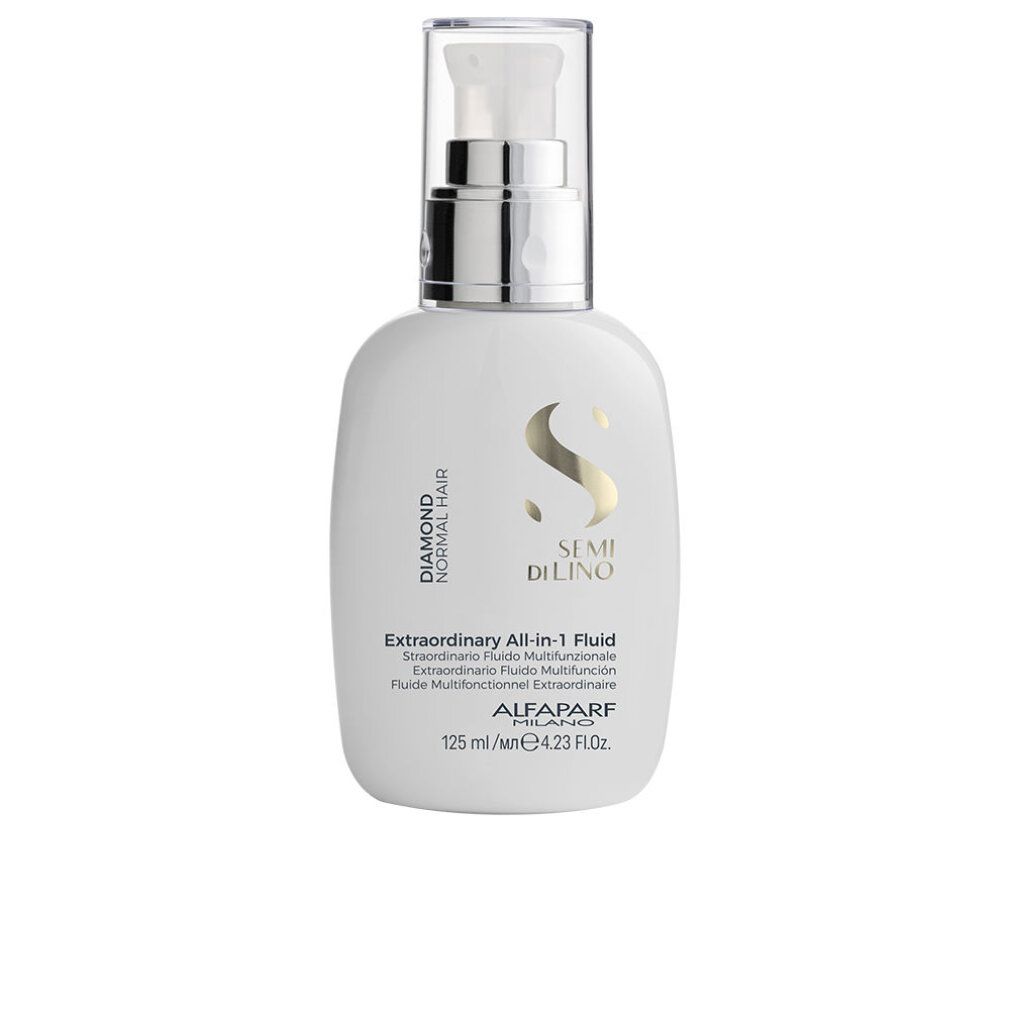 Flacone bianco con dosatore. Scritta: Semi Di Lino, Diamond, Normal Hair, Extraordinary All-in-1 Fluid. Marchio: Alfaparf Milano.