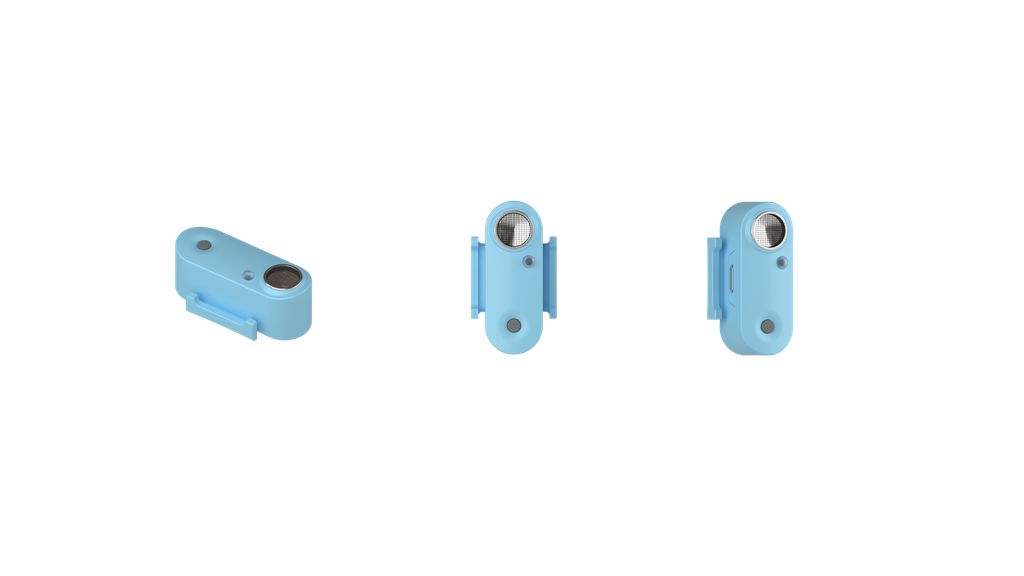 Tre viste del dispositivo a ultrasuoni anti-zecche Tickless Run azzurro con clip di fissaggio.