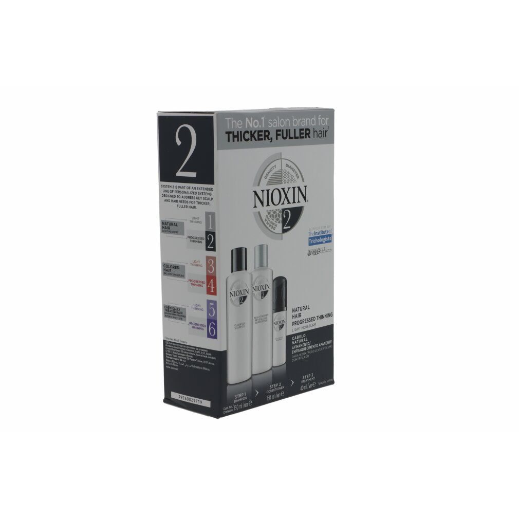 Confezione Nioxin Kit Sistema 2, angolata. Contiene shampoo, balsamo e un'altra bottiglia. Scritta: The No.1 salon brand for THICKER, FULLER hair.