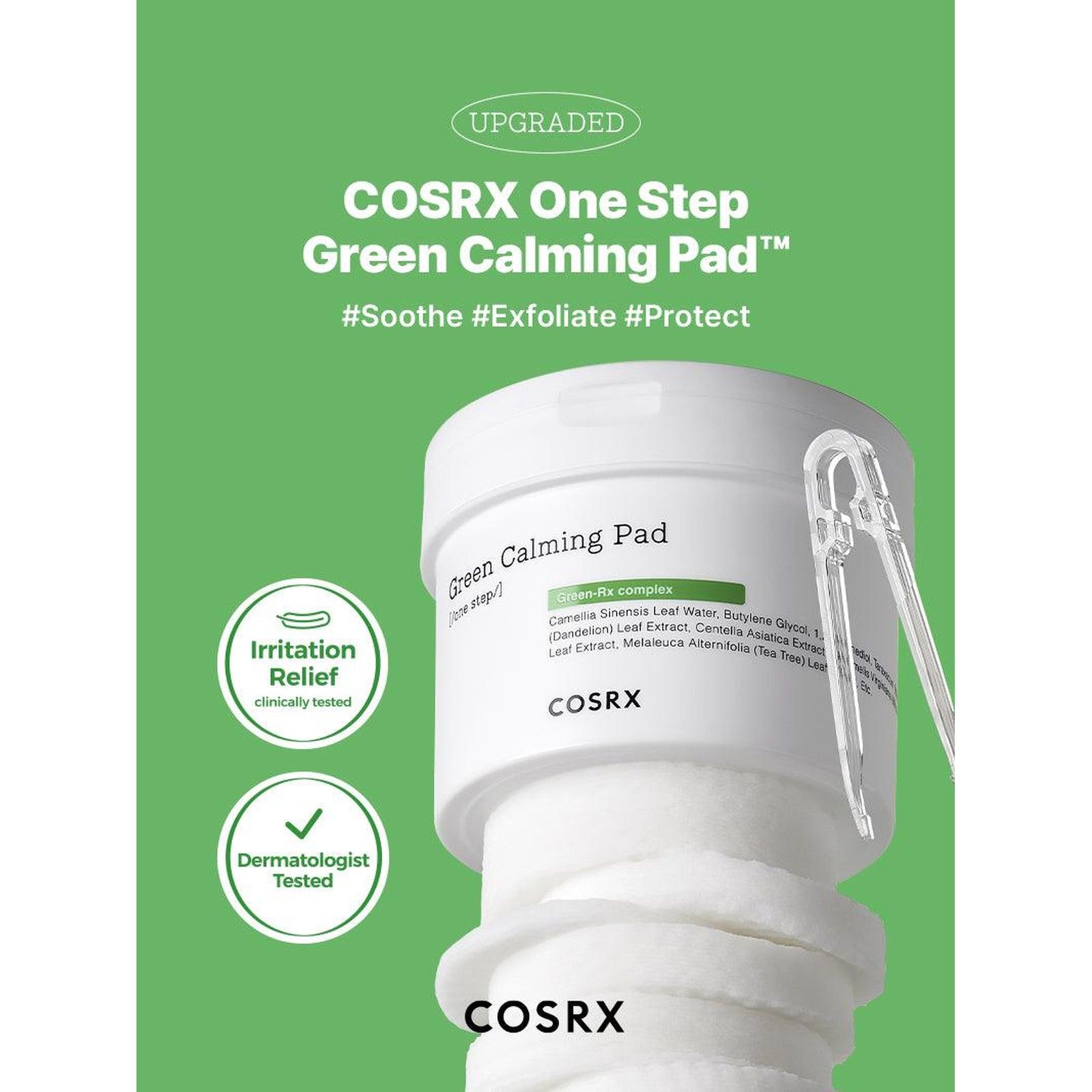 COSRX One Step Green Hero Calming Pad: Vasetto con dischetti impilati e pinzetta. Evidenziati "Upgraded" e "Irritation Relief".