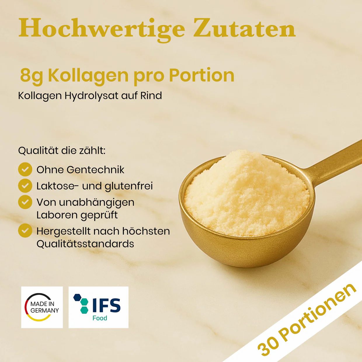 Misurino dorato con polvere, 8g di collagene per porzione, idrolizzato di collagene bovino. Made in Germany, certificato IFS Food.