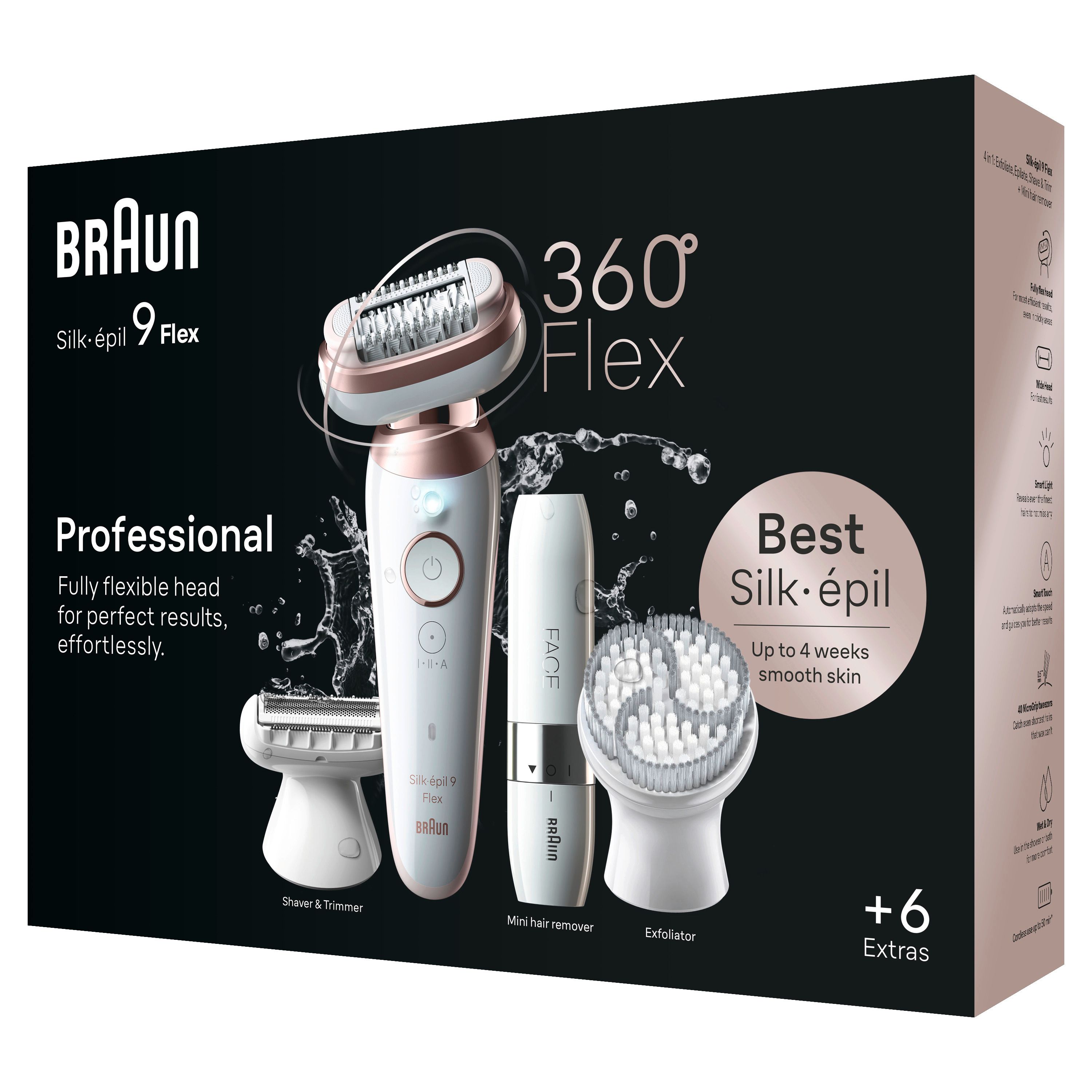 Epilatore Braun Silk-épil 9 Flex. Bianco/Rosa Titanio. Accessori: testine, spazzola, mini-epilatore. Confezione.
