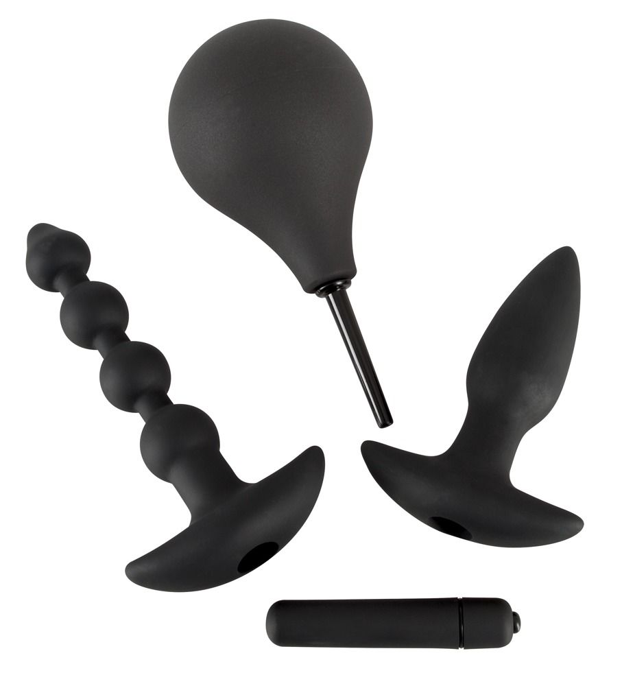 Kit anale: doccia, plug a perle, plug e vibro bullet in silicone nero.
