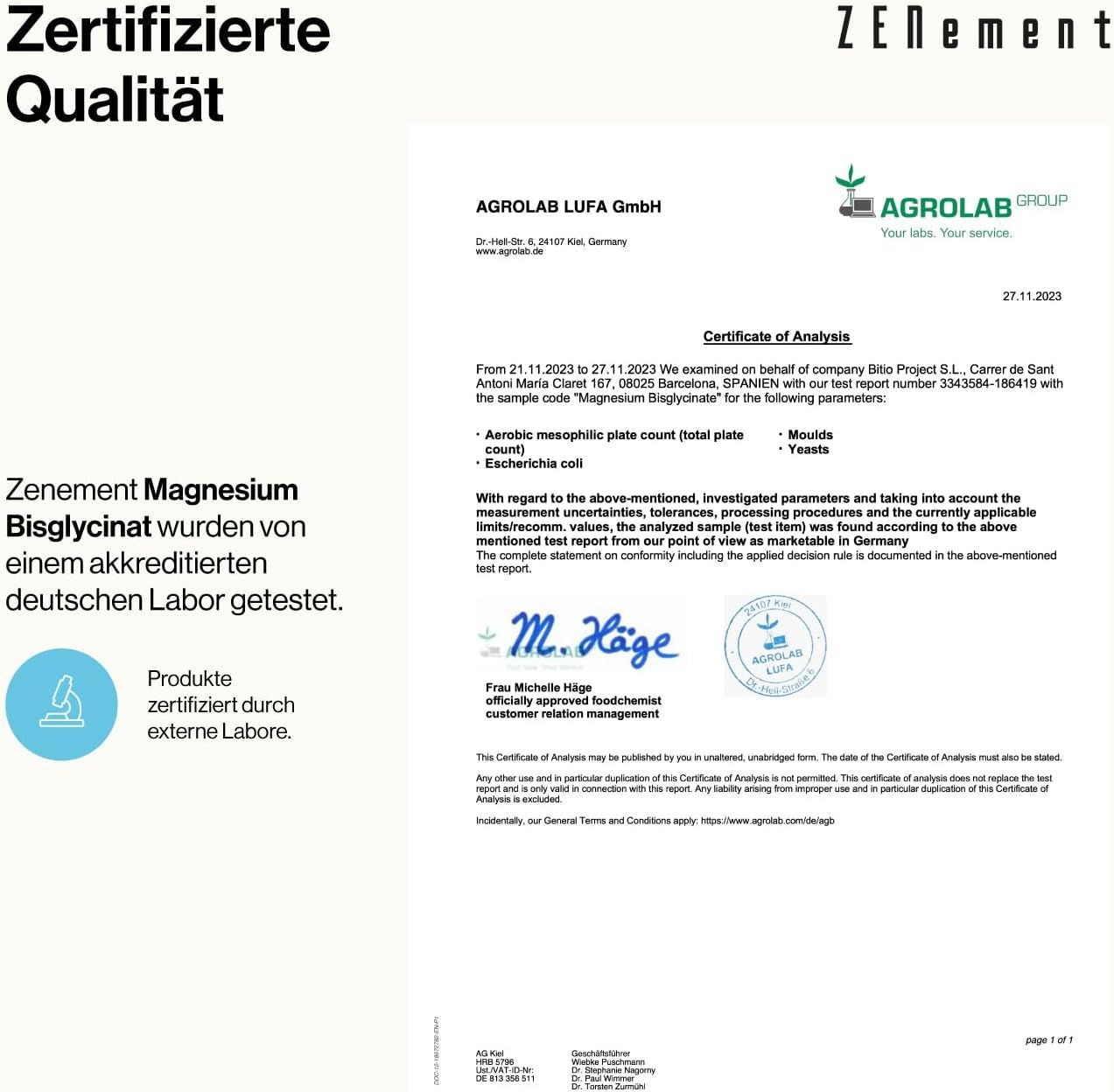 Documento di certificazione di AGROLAB LUFA GmbH. Testo: Il magnesio bisglicinato Zenement è stato testato da un laboratorio tedesco accreditato.