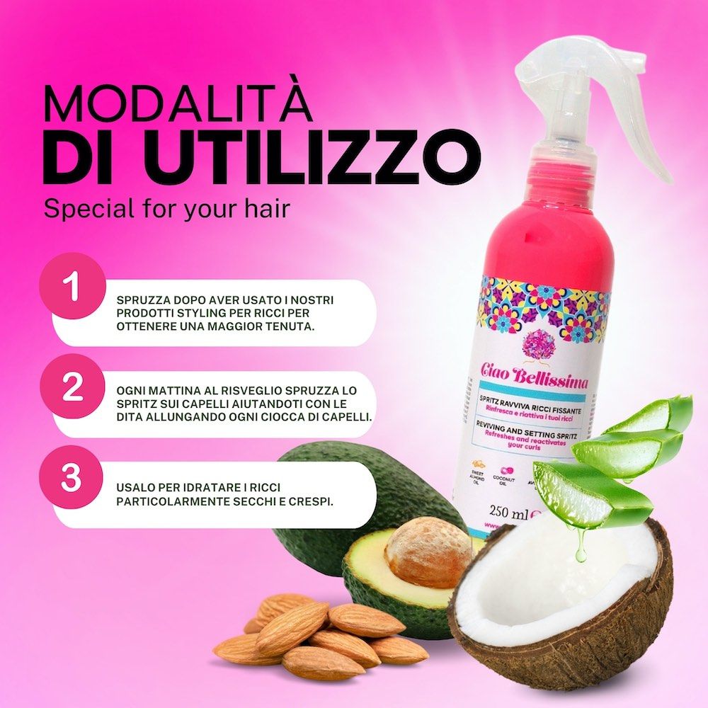 Flacone spray rosa con erogatore bianco. Testo: Ciao Bellissima, Spritz Ravviva Ricci Fissante, 250 ml. Istruzioni per l'uso.
