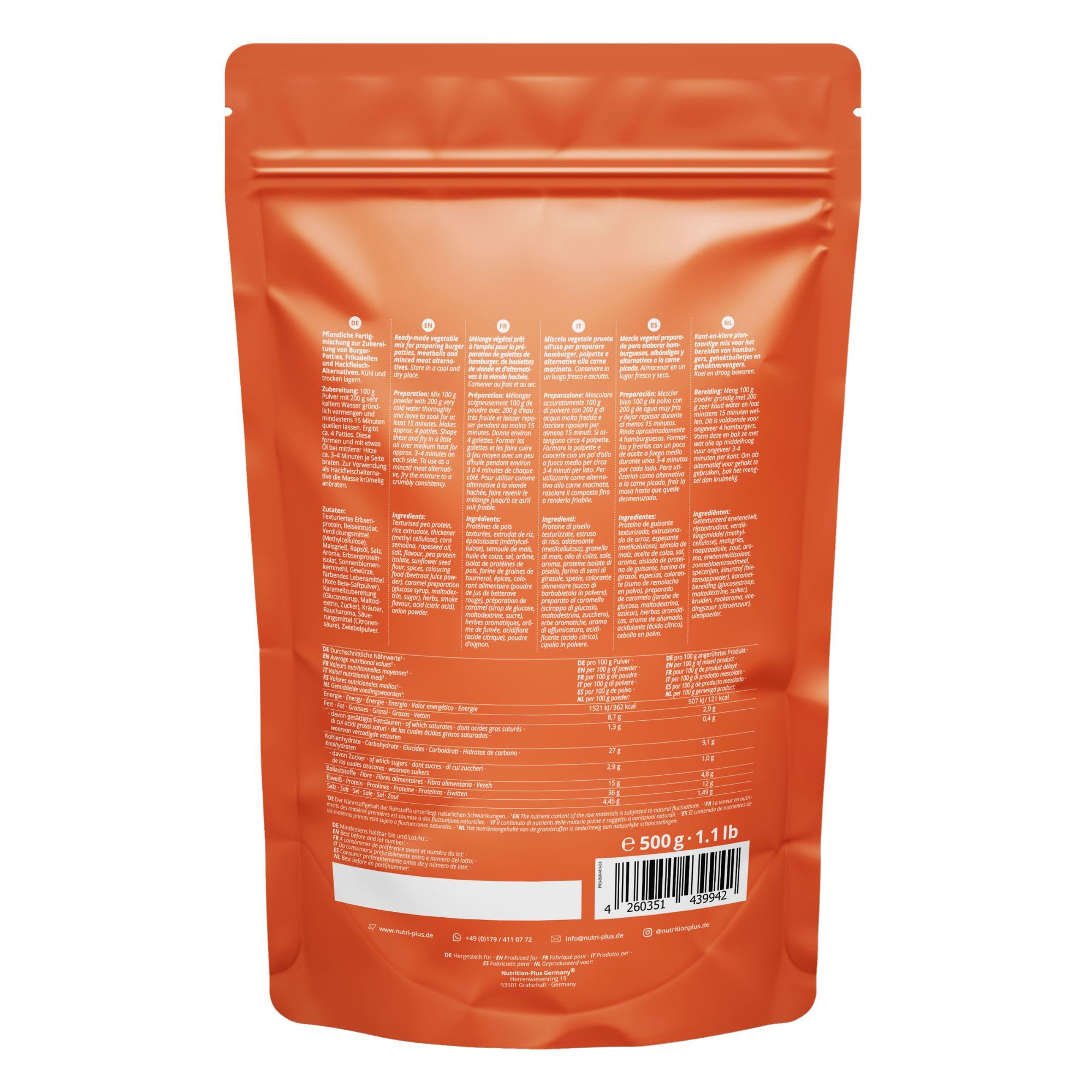 Retro della confezione. Testo: informazioni nutrizionali, elenco ingredienti, informazioni produttore. Sfondo arancione.