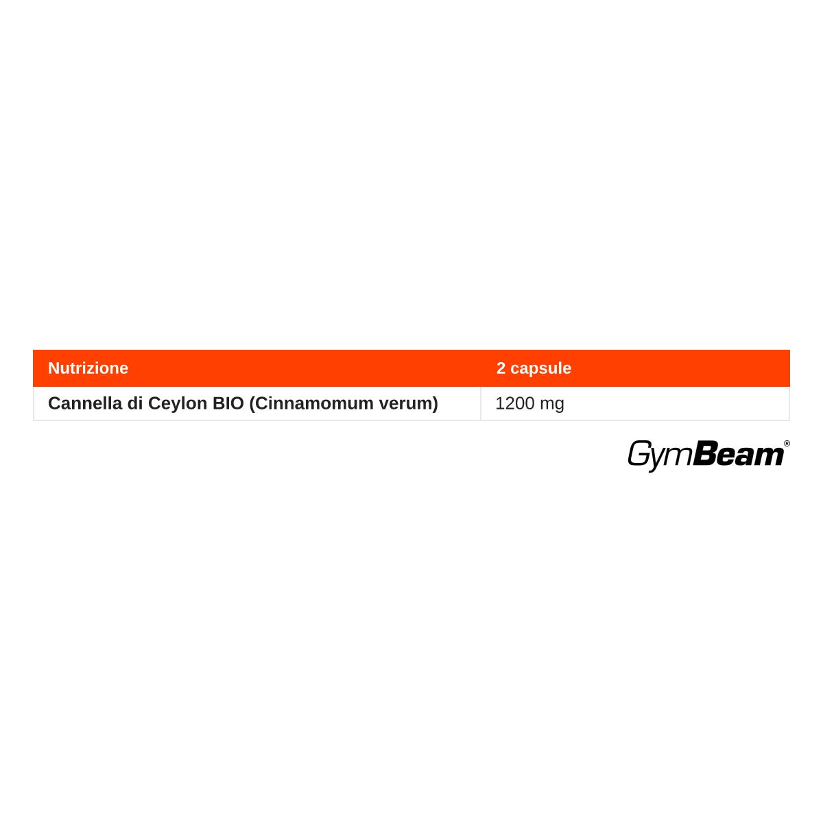 Informazioni sulla confezione delle capsule GymBeam Cannella di Ceylon BIO: 2 capsule contengono 1200 mg di cannella in polvere.