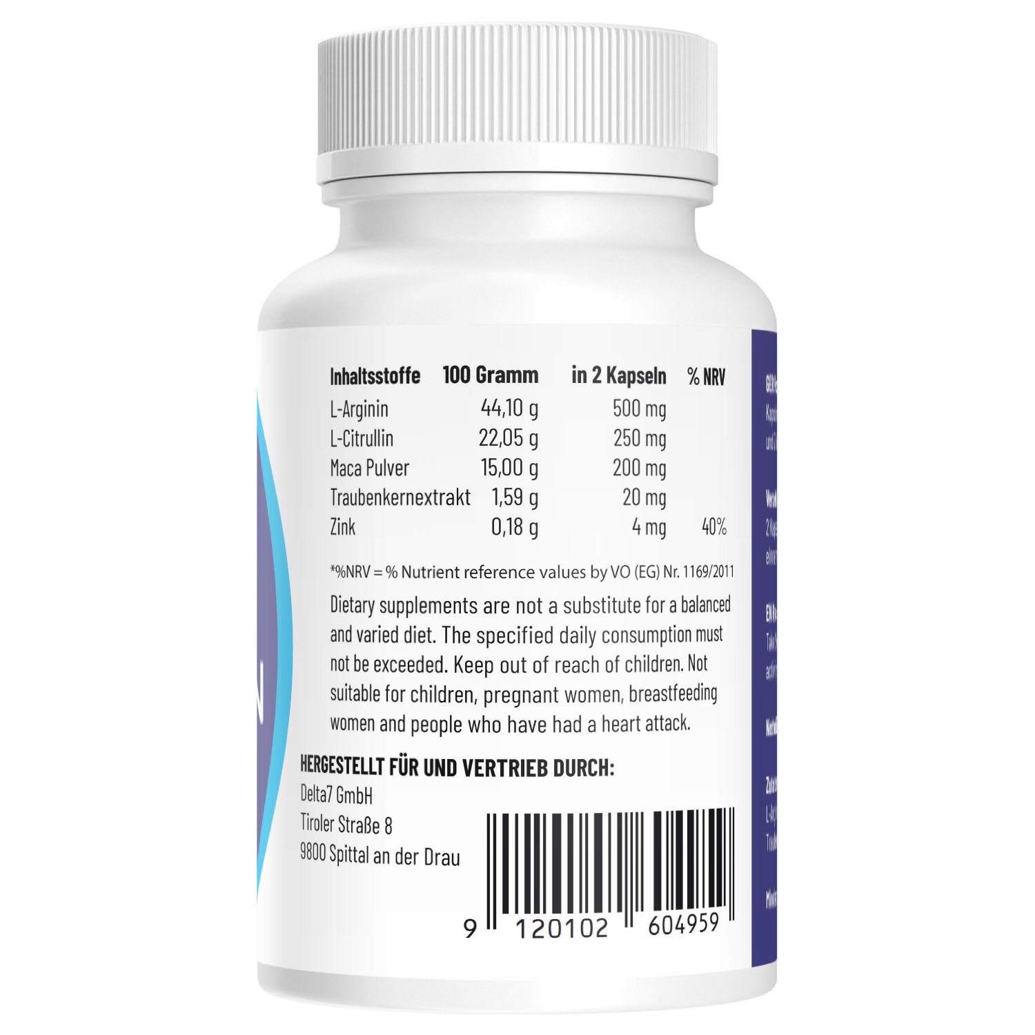 Retro del flacone di capsule Viaxxan con informazioni nutrizionali e ingredienti.