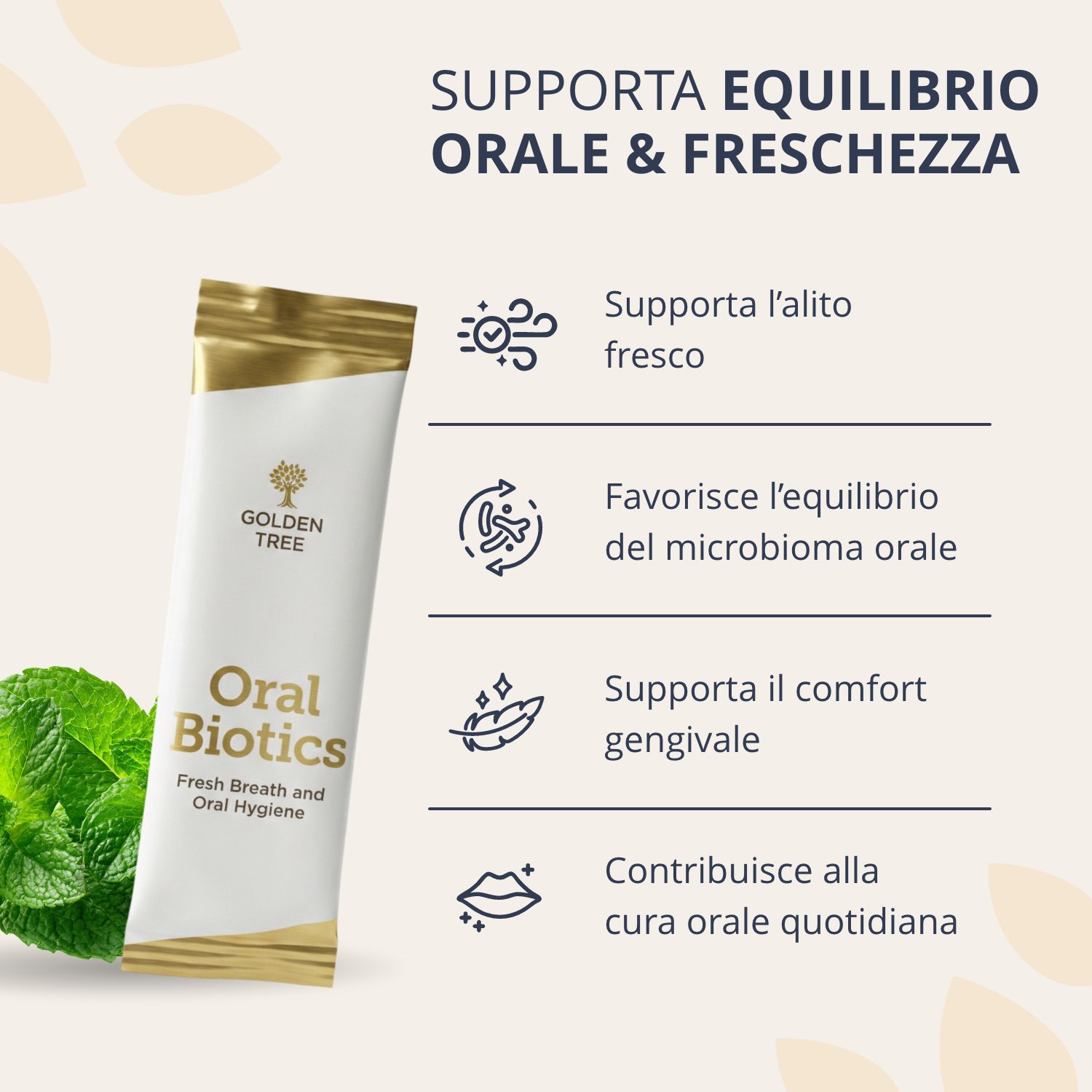 Golden Tree Oral Biotics supporta l'equilibrio orale e la freschezza.