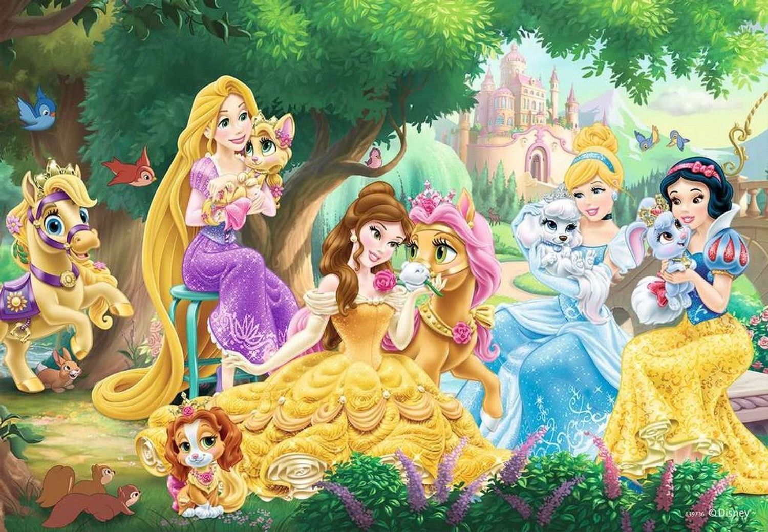 Puzzle con principesse e animali in un ambiente verde. Le principesse tengono animali domestici. Castello sullo sfondo.