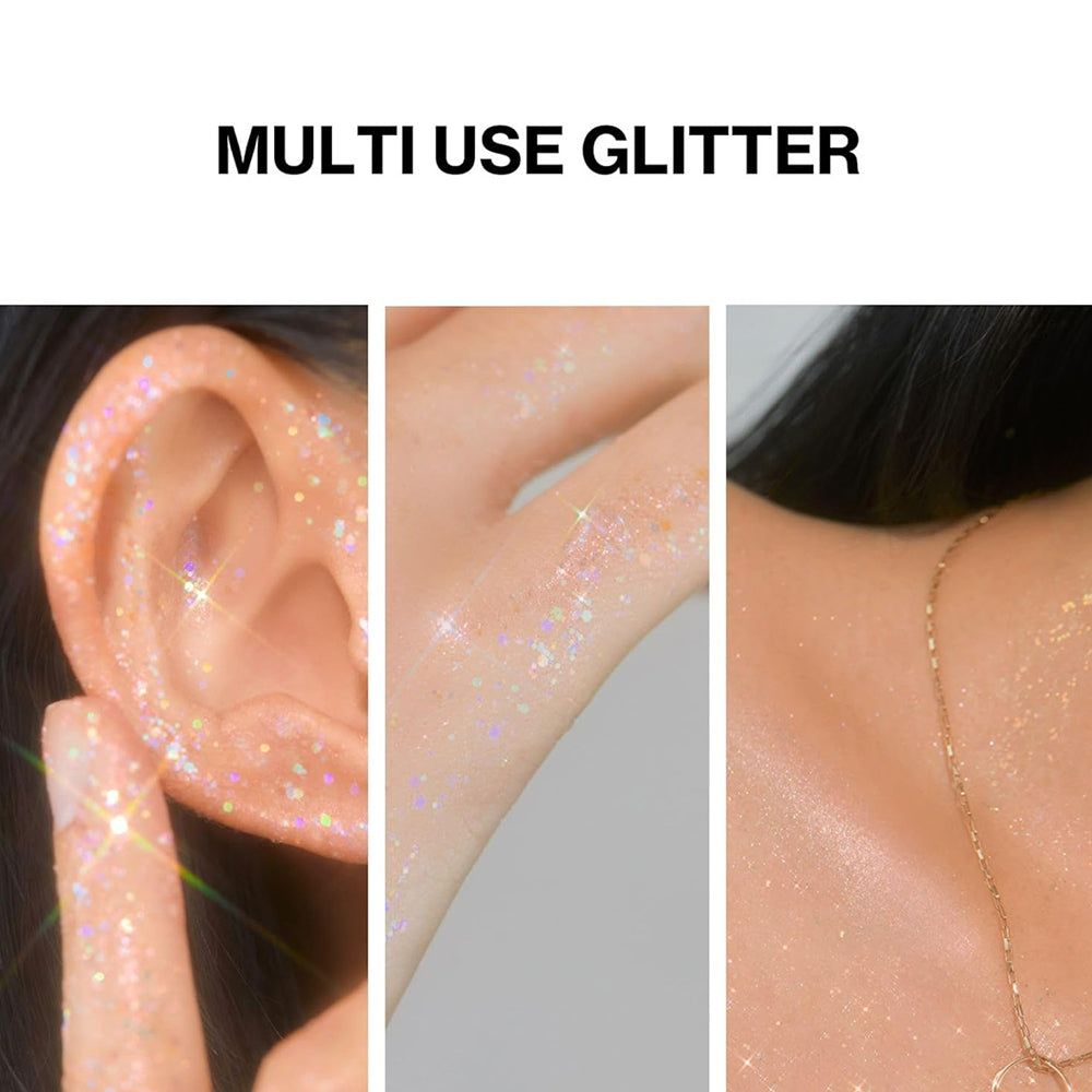 Glitter su orecchio, mano e spalla. Testo: Multi Use Glitter.