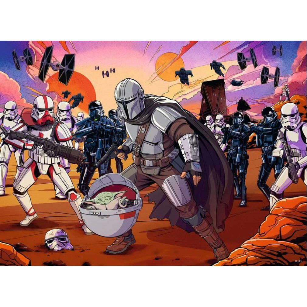 Puzzle Star Wars The Mandalorian: Face-Off. Scena con il Mandaloriano, Baby Yoda e soldati. 200 pezzi.