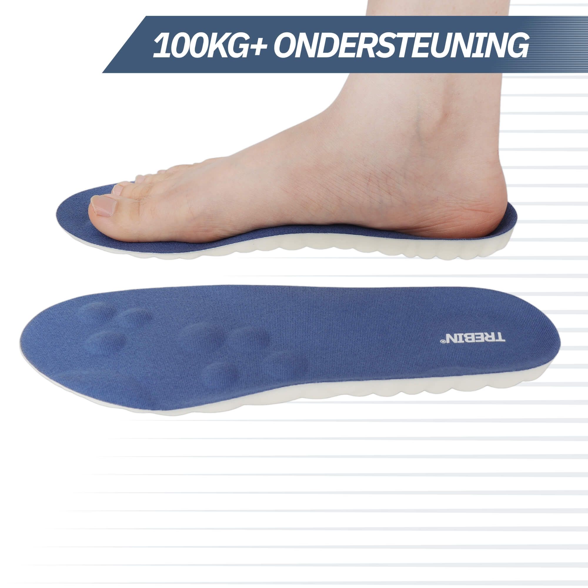 Soletta blu con impronta del piede e testo 'SUPPORTO 100KG+'.