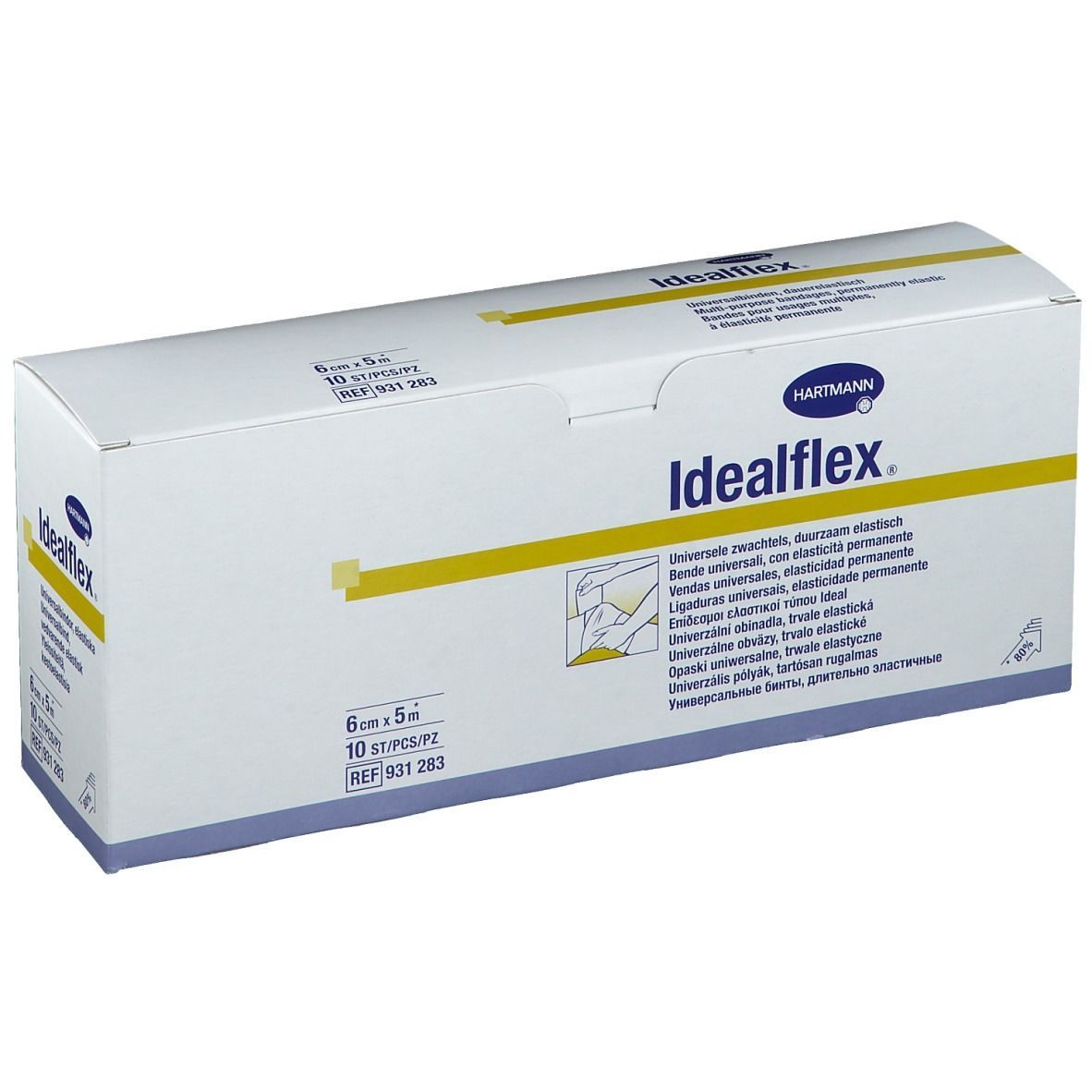 Confezione Hartmann Idealflex. Nome e logo del prodotto. Contiene 10 pezzi. Dimensione: 6 cm x 5 m. Numero di riferimento 931 283.