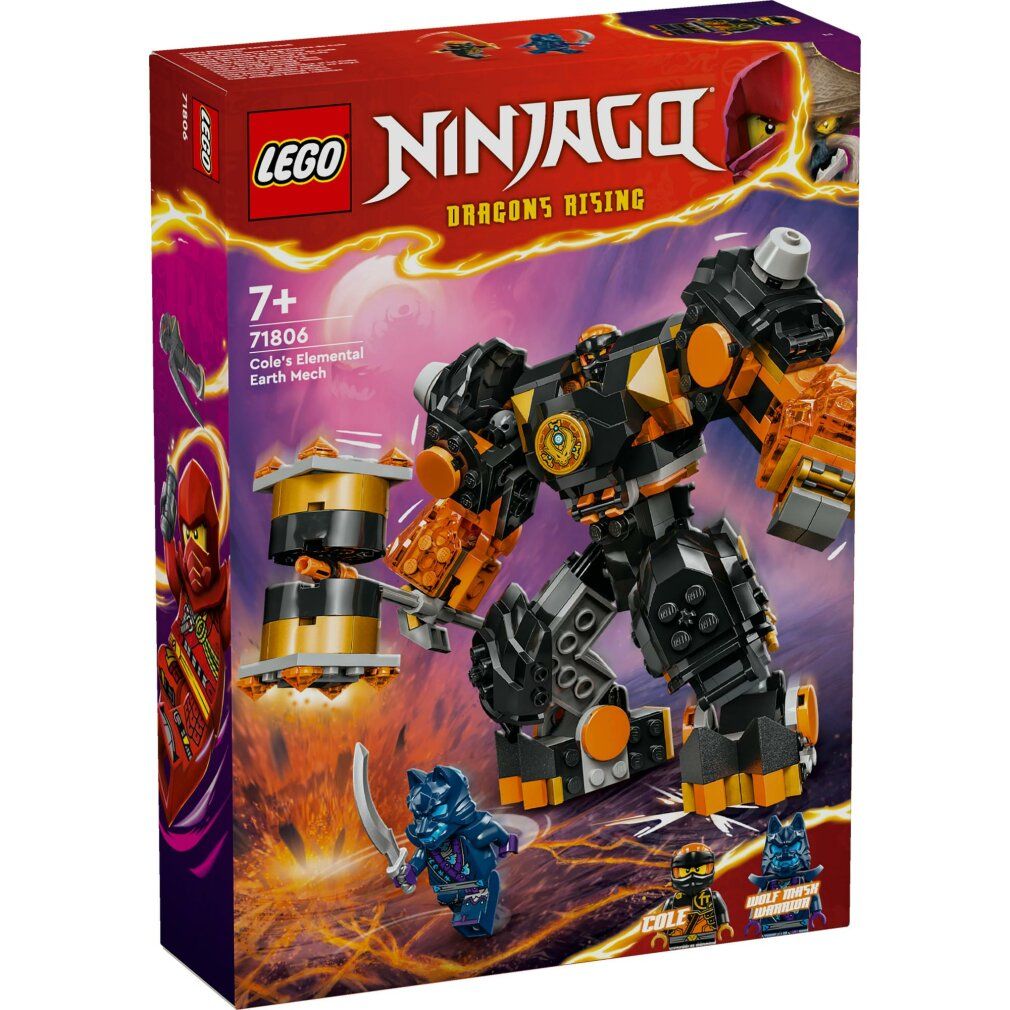 LEGO NINJAGO Mech Elemento di Terra di Cole. Robot nero e arancione. Confezione con immagine del prodotto e personaggi.