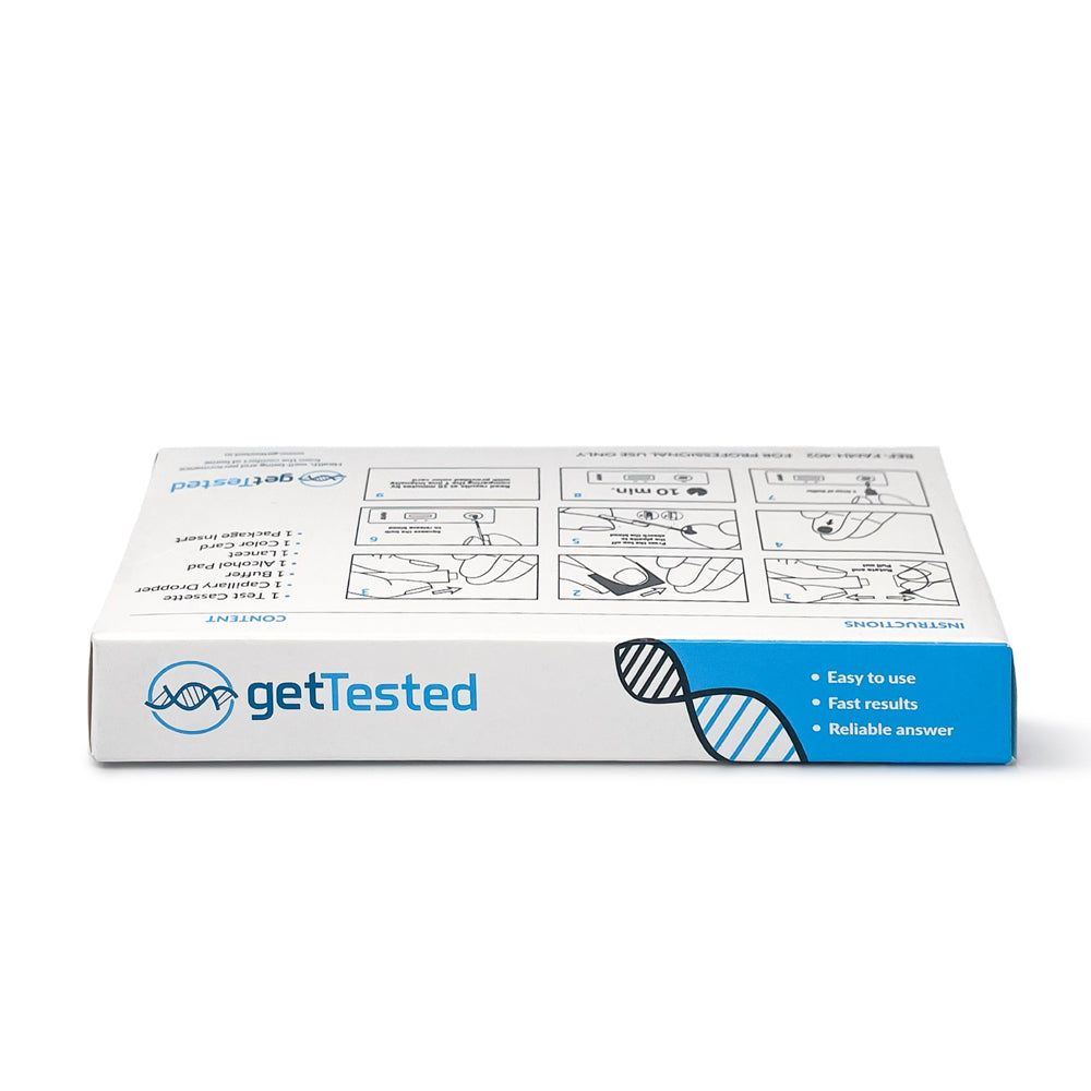 Confezione GetTested piatta. Sopra: illustrazioni d'uso e lista componenti. Sotto: nome del prodotto.