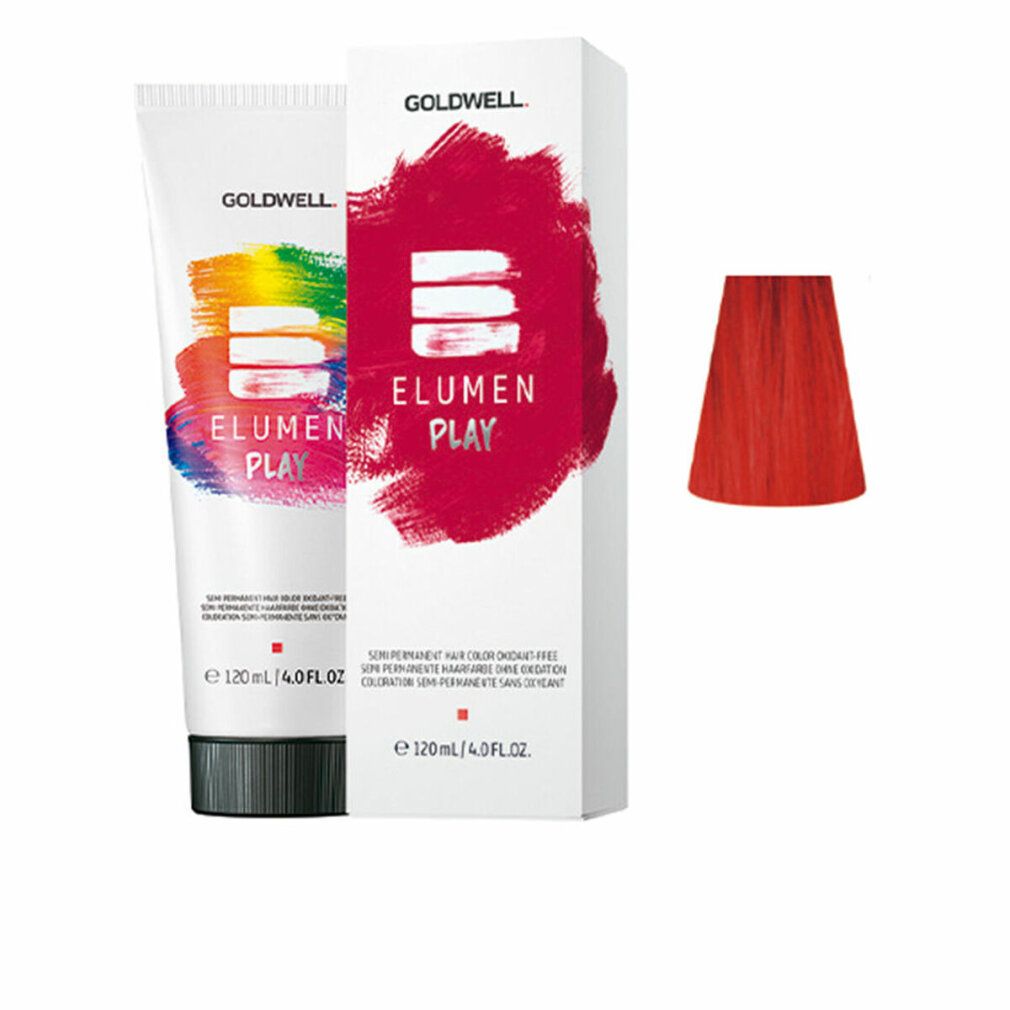 Goldwell ELUMEN PLAY, tubo e scatola. Colore rosso, logo e nome del prodotto visibili. 120 ml.