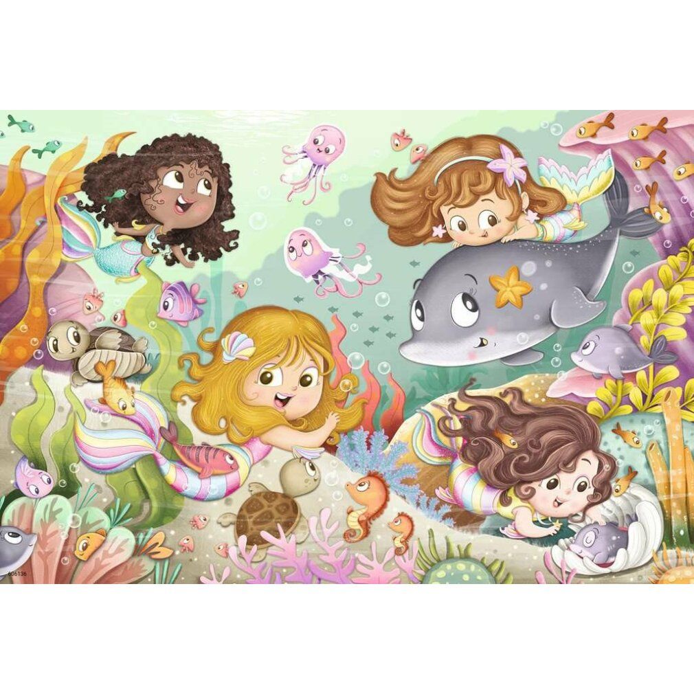 Puzzle per bambini con sirene e creature marine. Illustrazione colorata di sirene, delfini e pesci.