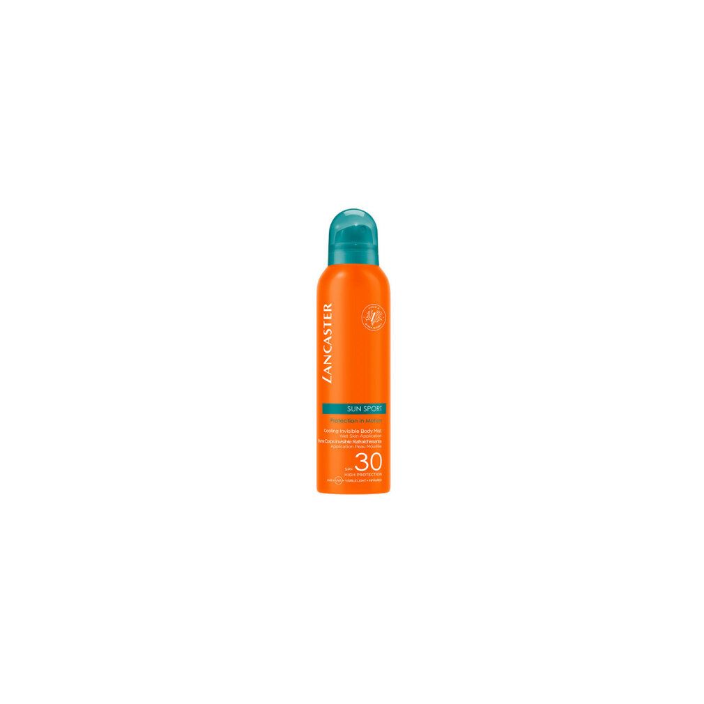 Flacone spray arancione con tappo blu. Testo: Lancaster, Sun Sport, SPF 30. Logo vegan.