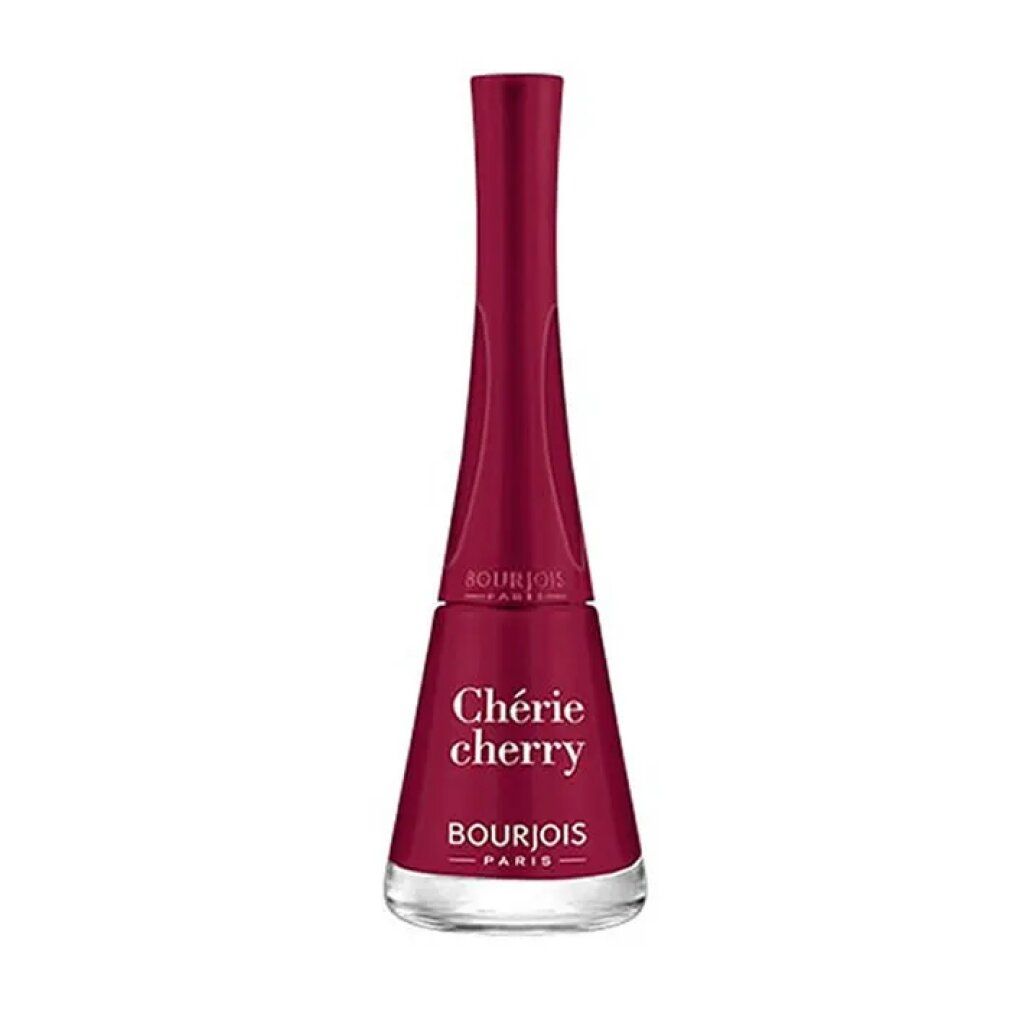 Flacone di smalto rosso ciliegia, testo bianco. Marca: Bourjois Paris. Nome: Chérie Cherry.