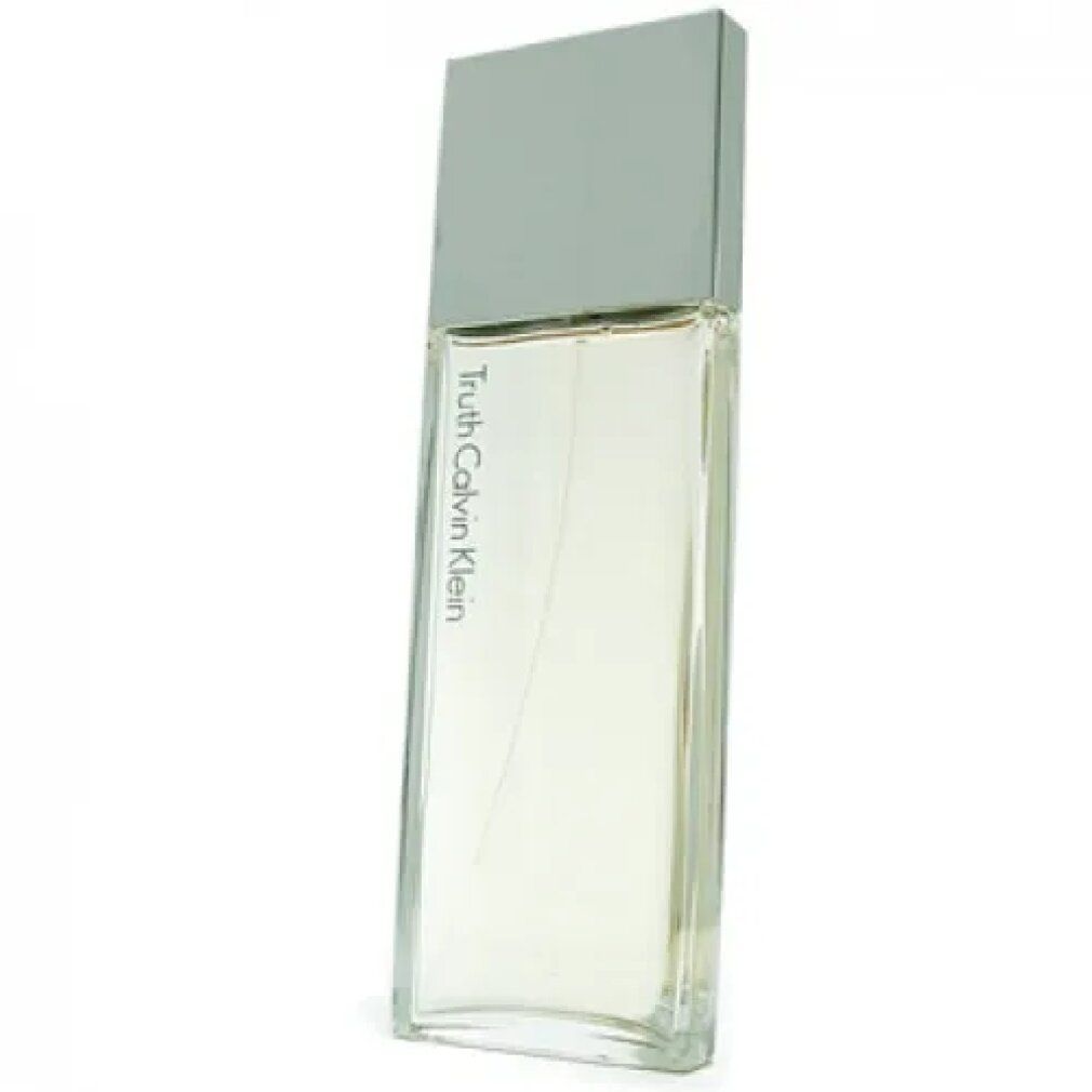 Flacone di profumo rettangolare trasparente con tappo argentato. Scritta: Truth Calvin Klein.
