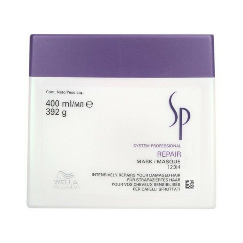 Vaso bianco con coperchio viola. Scritta: SP Repair Mask. Contiene 400 ml. Testo in più lingue.